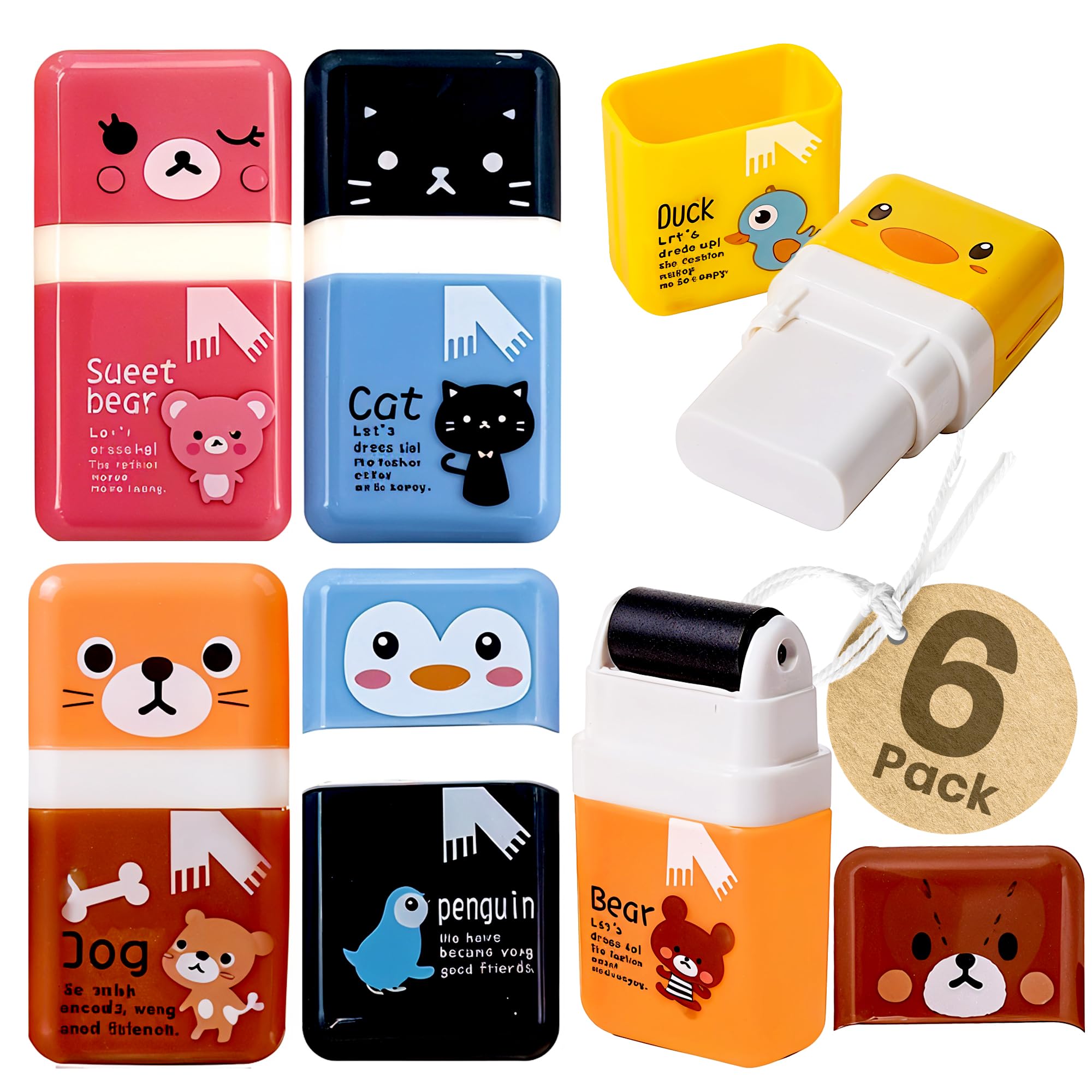 Performore 6‑Pack Animal‑Theme Cute Pencil Erasers with Cleanup Roller & Shaving Case — Fun & Functional School & Party Supplies for Kids