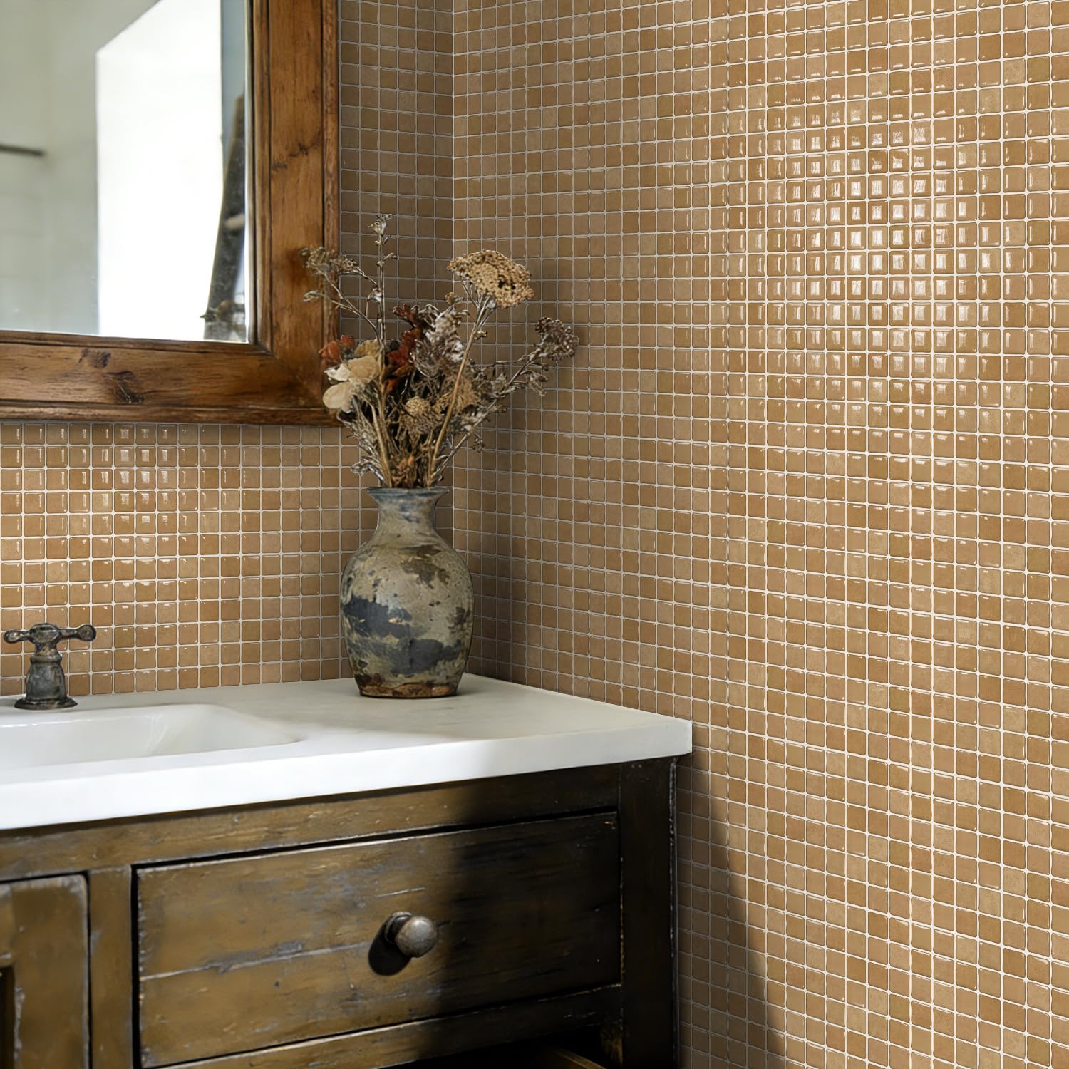 Alwayspon 15x15cmx10Pcs 3D Mosaic Self Adhesive Wall Tile Sticker Transfers, Peel and Stick Adhesive Waterproof Splashback Stick on Tile Decals for Kitchen Bathroom Wall, Light Brown