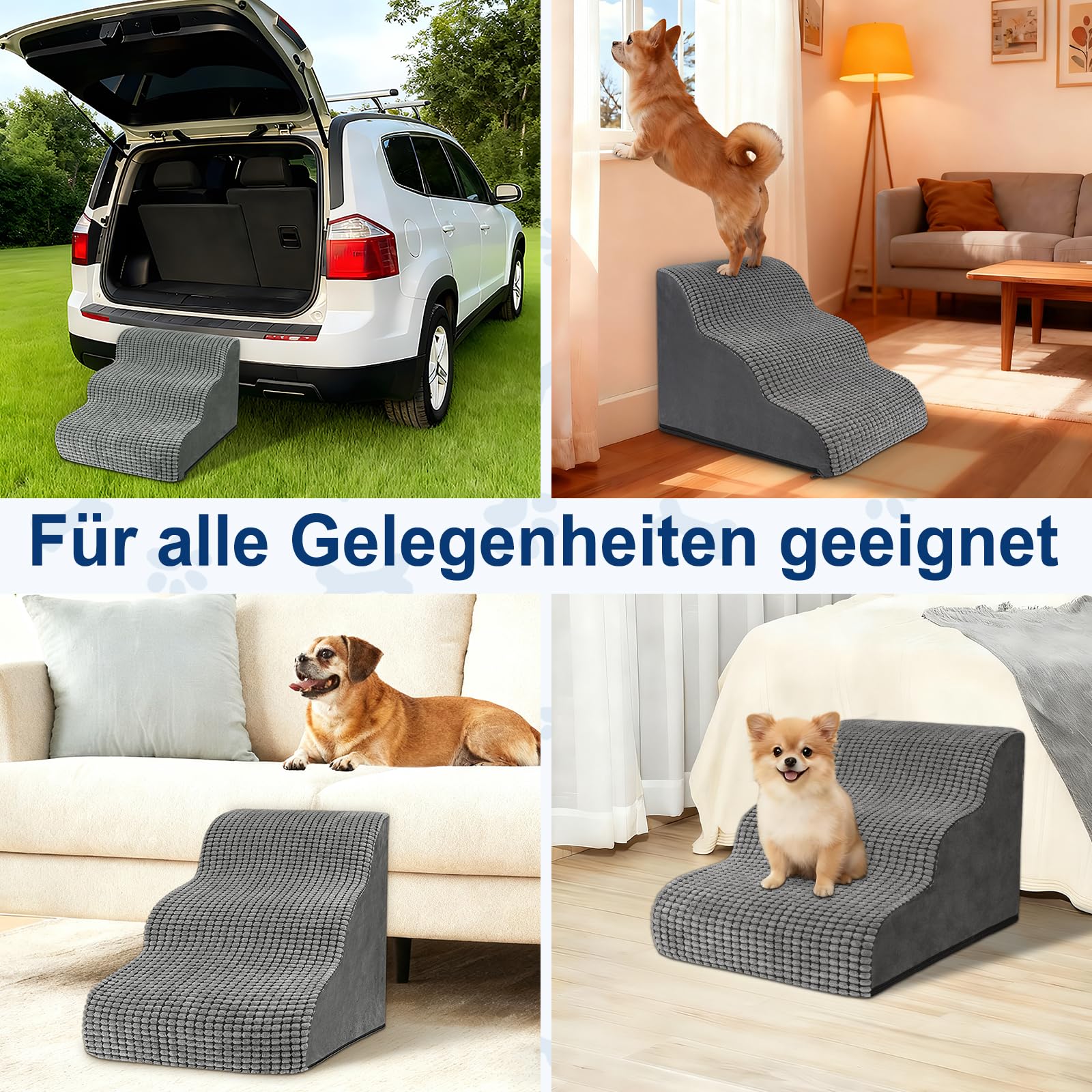 Hundetreppe für Kleine Hunde 40 cm Hoch, 3 Stufen Haustiertreppe für Bett und Sofa, Hunde Treppe Hunderampe mit Waschbarem Bezug und Rutschfestem Boden, Hochdichtem Schwamm 57x40x40cm, Grau
