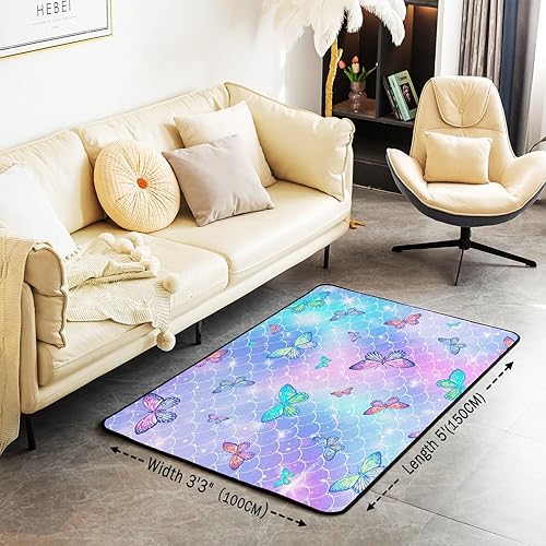 Miniatura 2 de Alfombras de mariposa para sala de estar, dormitorio, con estampado de mariposas, alfombra de sirena de 5 x 7 pies, alfombra decorativa para niños,