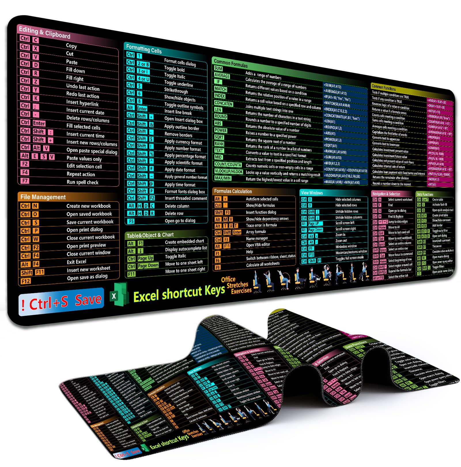 Excel Cheat Sheet Desk Pad, XXL Large Gaming Mouse Pad, Computer Keyboard Mats with Stitched Edges, Non-Slip Rubber Base Laptop Mat for Excel Shortcuts Mousepad Home & Office 35.4" x 15.7"