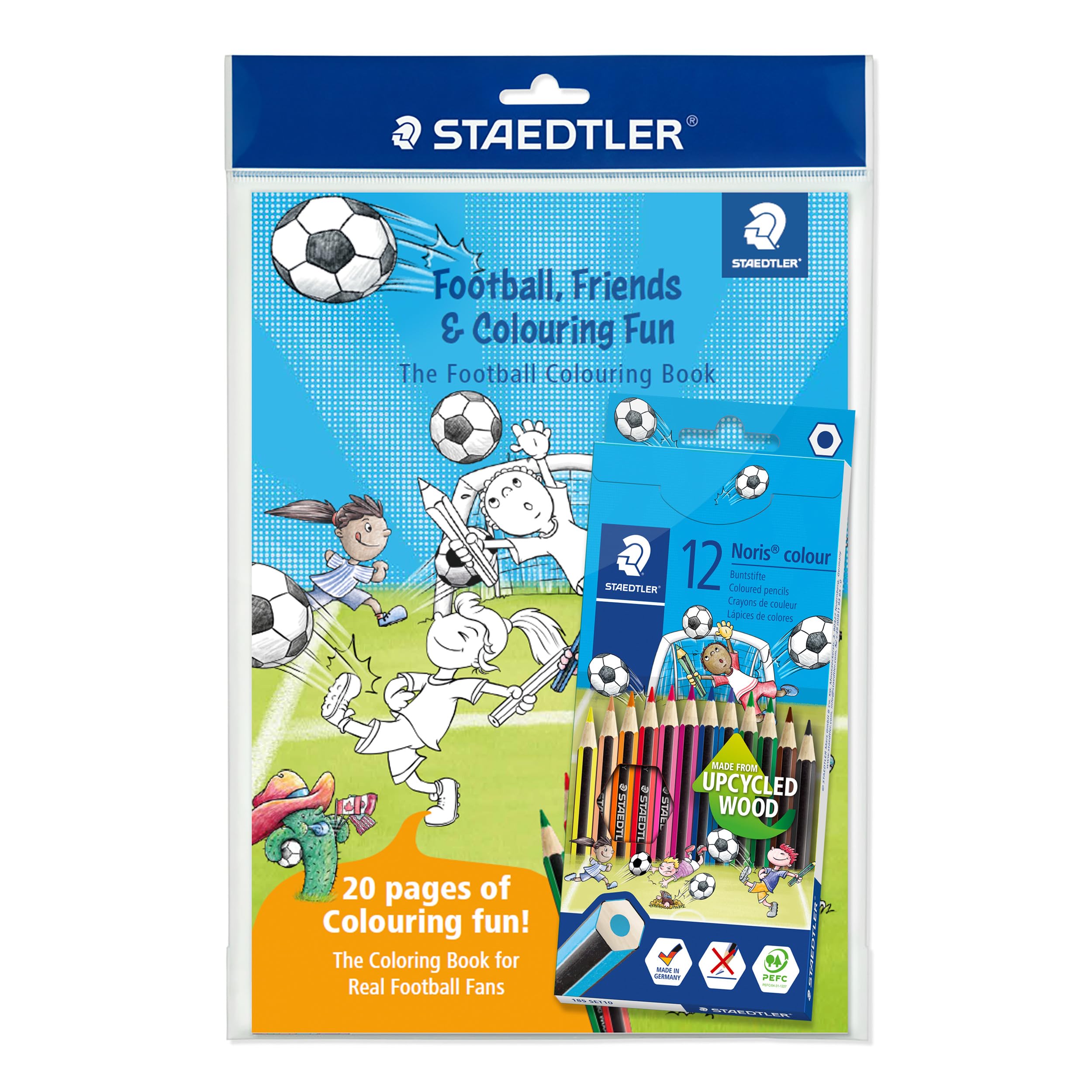 STAEDTLER Noris Colour 185 Colouring Pencil, Football Colouring Book Set with 12 Colours and Colouring Book - Colouring Pencils for Children and Adults, Made of Recycled Wood, Bright Colours