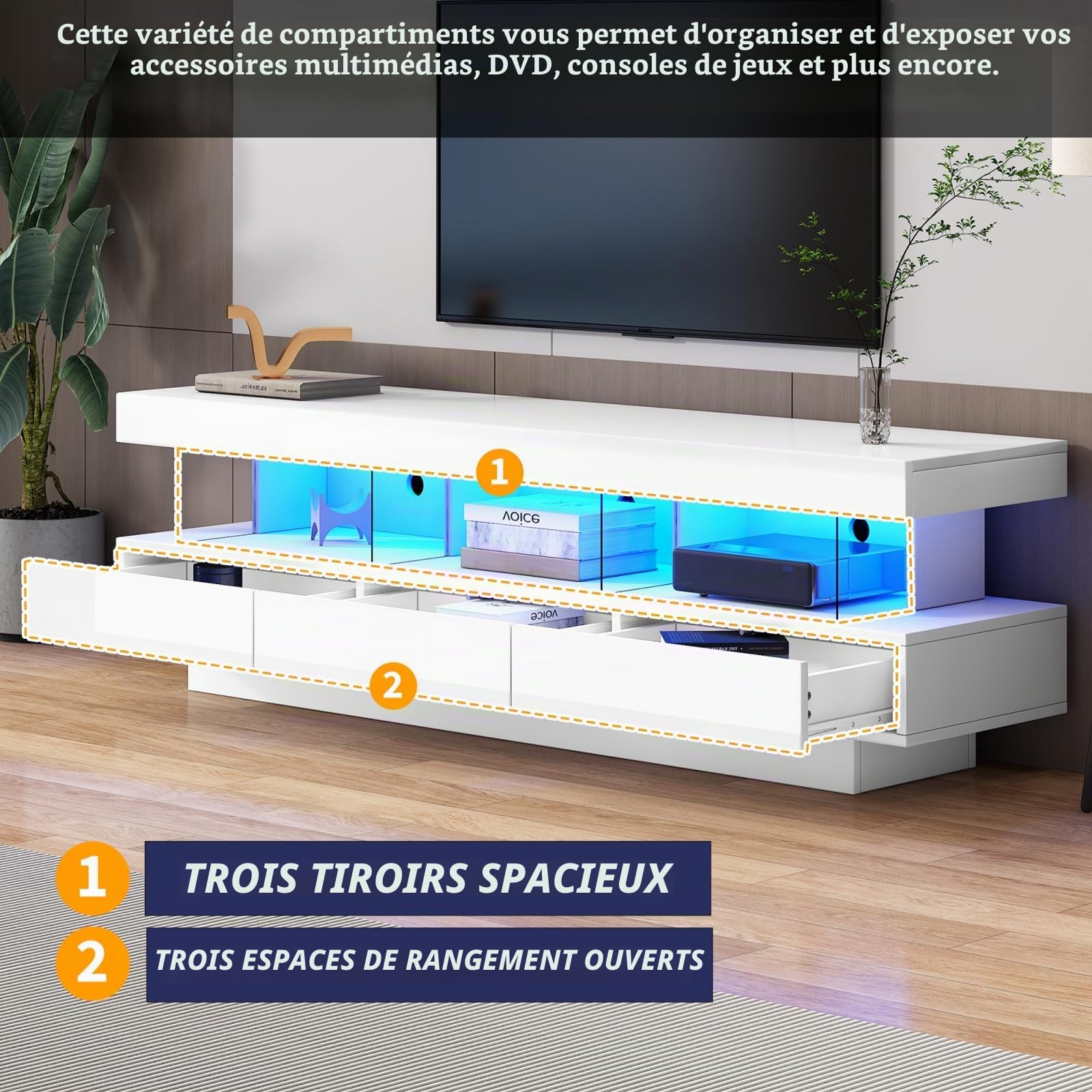 YEHTOKHOME Meuble TV LED 160 cm, Meuble TV avec 3 Tiroir, 3 Étagères en Verre, LED RGB Contrôlable par App Bluetooth, Supporte Télé 70 Pouces, Style Moderne pour Salon (Blanc-1)