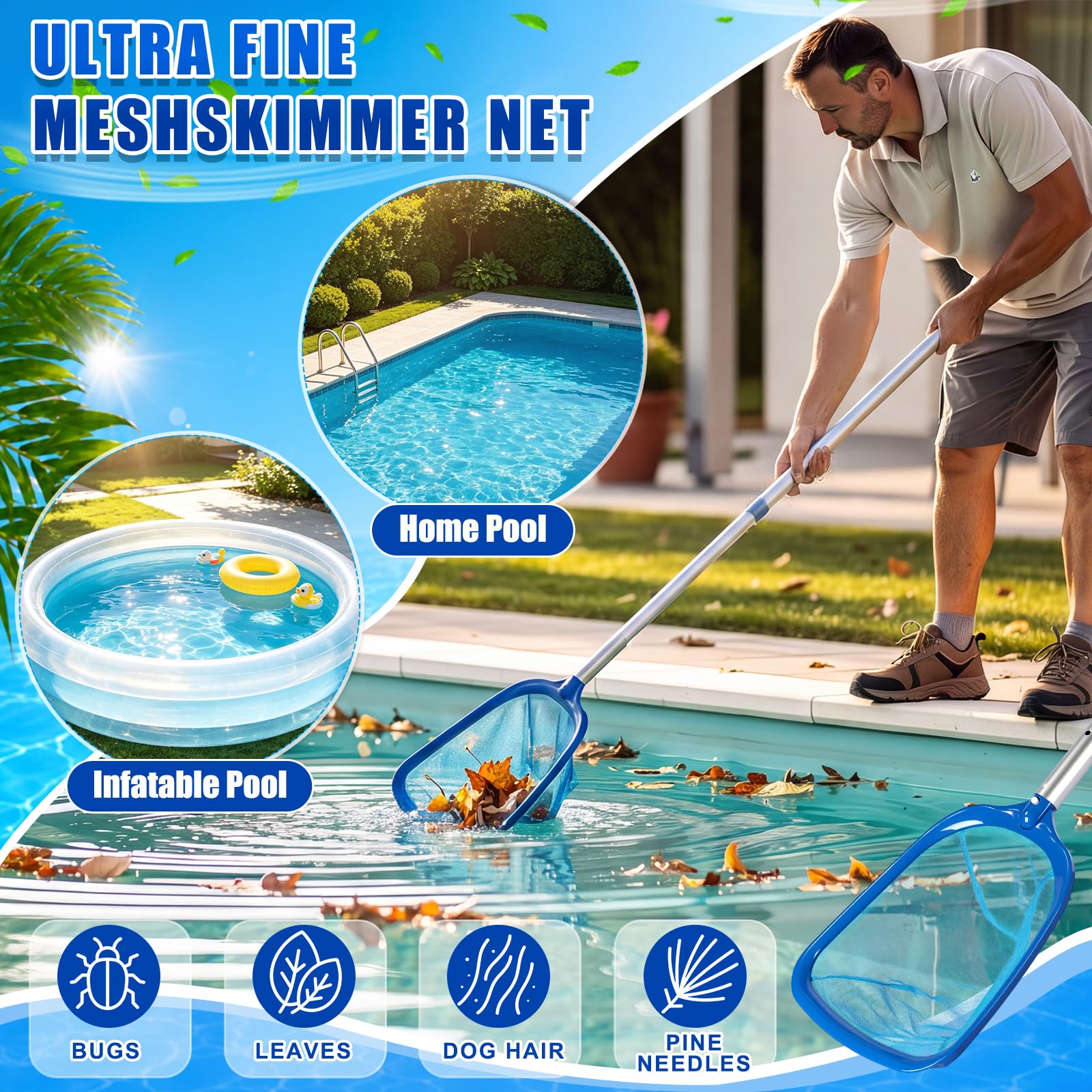 Kit d'aspirateur de piscine 5 pièces comprenant un tuyau de 2,5 à 1,3 cm x 9 m avec tête d'aspiration à roue pivotante, un poteau réglable, une brosse de 44,5 cm et un filet d'écumoire pour