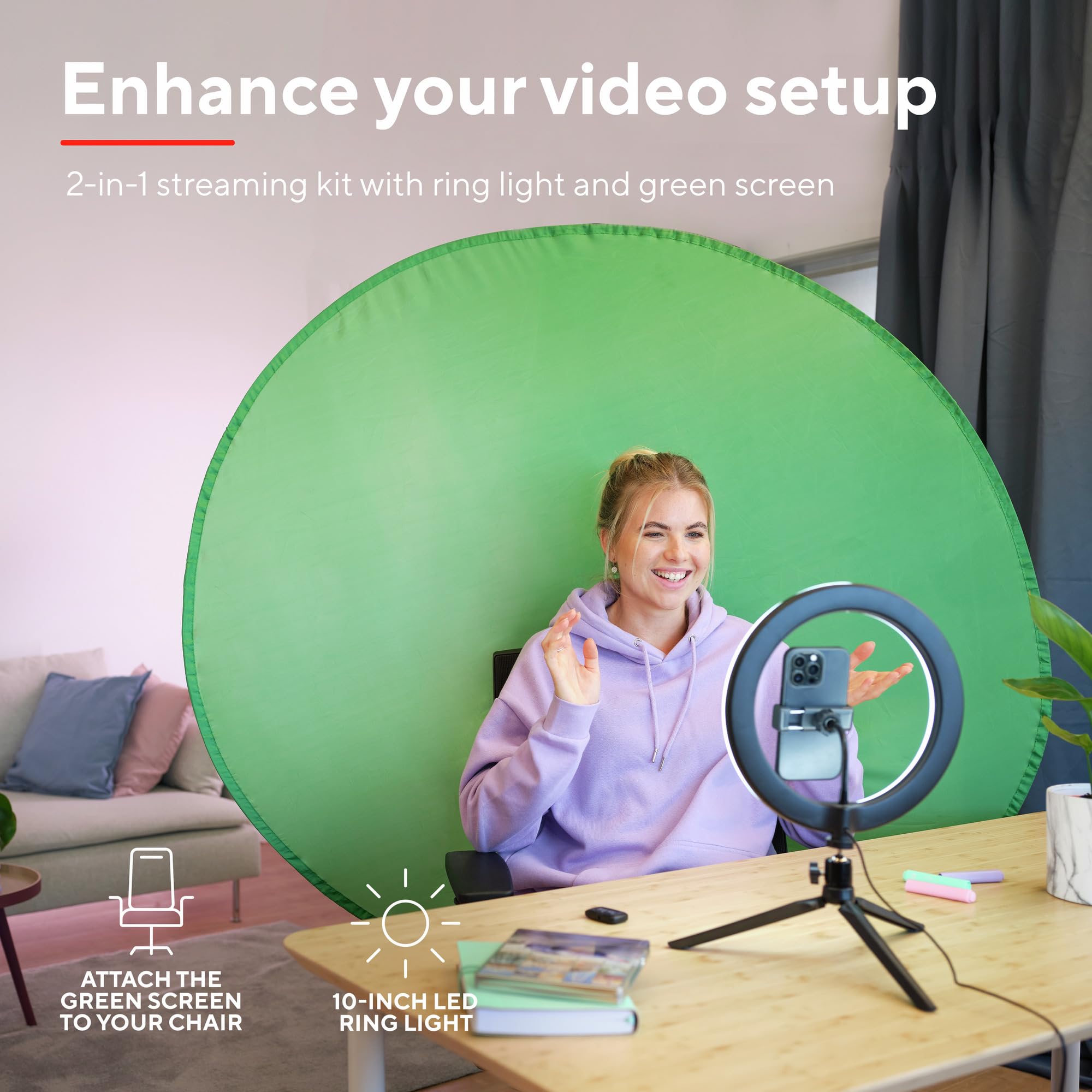 Trust Maku+ Ring Light con Green Screen Pieghevole, Luce ad Anello con Treppiede e Supporto per Telefono, LED Light, Luce per Selfie, TikTok, YouTube, Live Stream, Gaming, Trucco, Fotografia, Vlog
