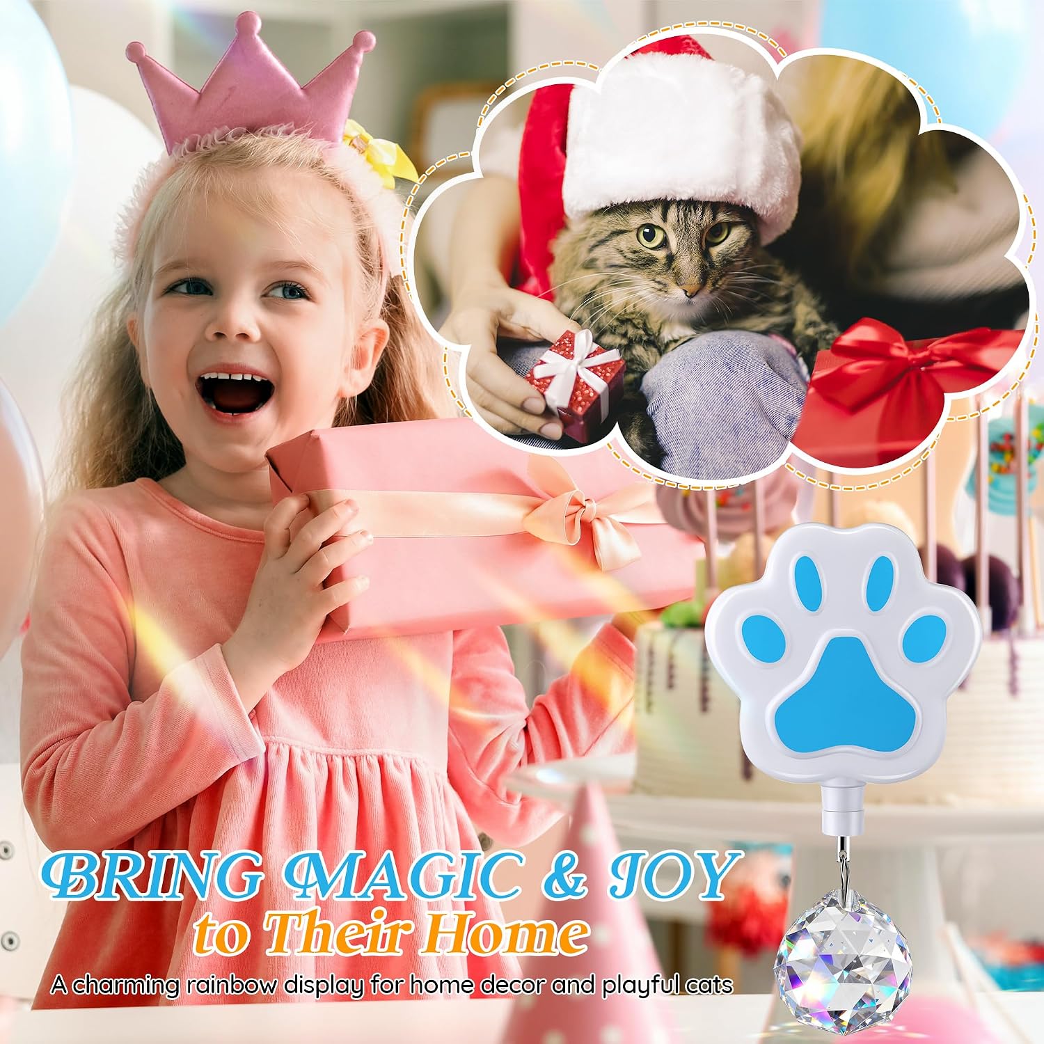 Electric Rotating Crystal Suncatcher, Rainbow Prism Suncatcher for Pets Fun Home Window Decor, Unique Gifts for Christmas & Birthdays, Includes 2 Crystals & Type C Cable