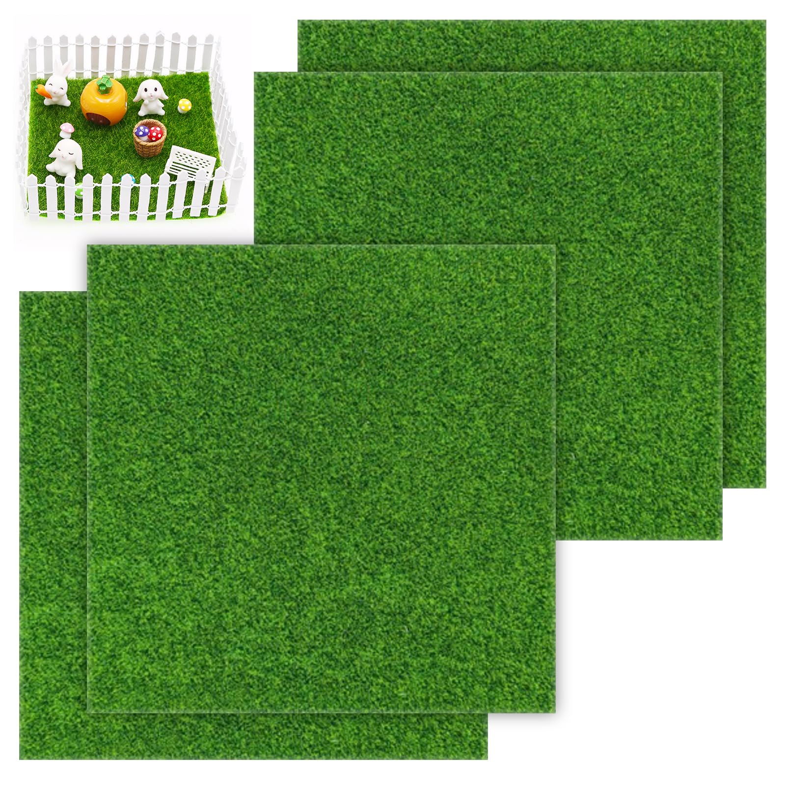 Azushwer Green 4 Pcs Artificial Grass Garden Mat, 15 X 15Cm Life-Like Fairy Artificial Grass Mat, Squares Pretend Craft Fake Grass, Miniature Dollhouse Decoration, Fake Grass Turf Mat