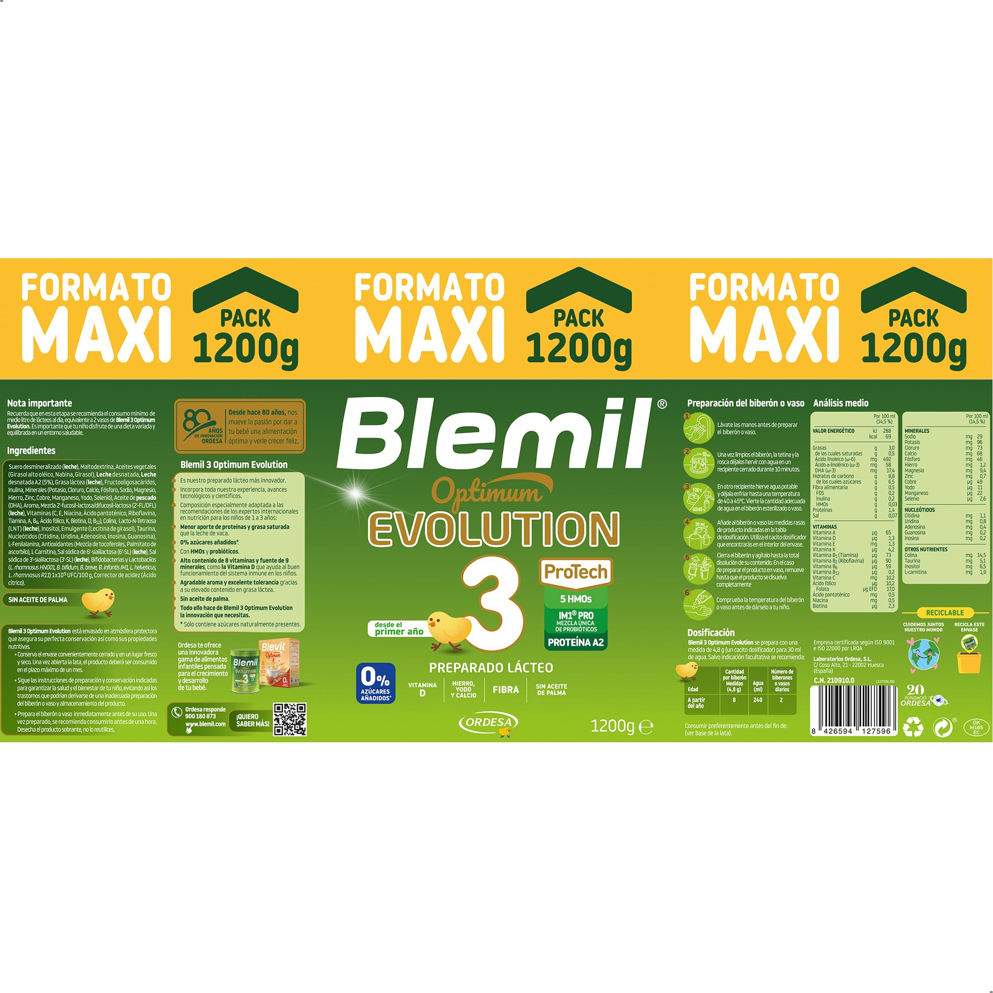 Blemil 3 Optimum Evolution 1200g Preparado Lácteo en Polvo para Niños 1-3 años 0% Azúcares Añadidos sin Aceite de Palma