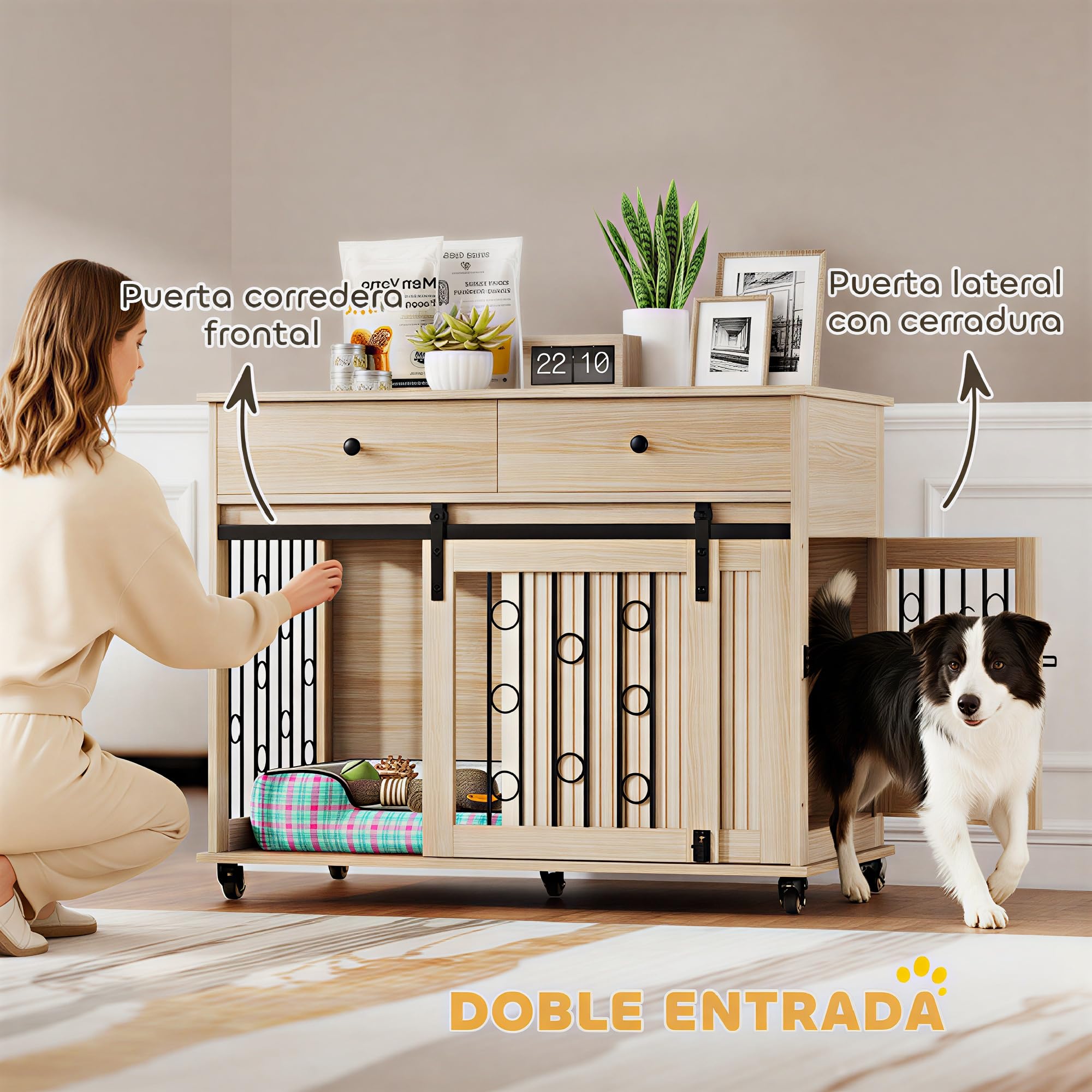 PawHut Jaula para Perros con Ruedas y Mesa Auxiliar, Casa Moderna para Mascotas con 2 Cajones, Cierre y 2 Puertas, para Perros Medianos y Grandes, 100x56x81 cm, Roble