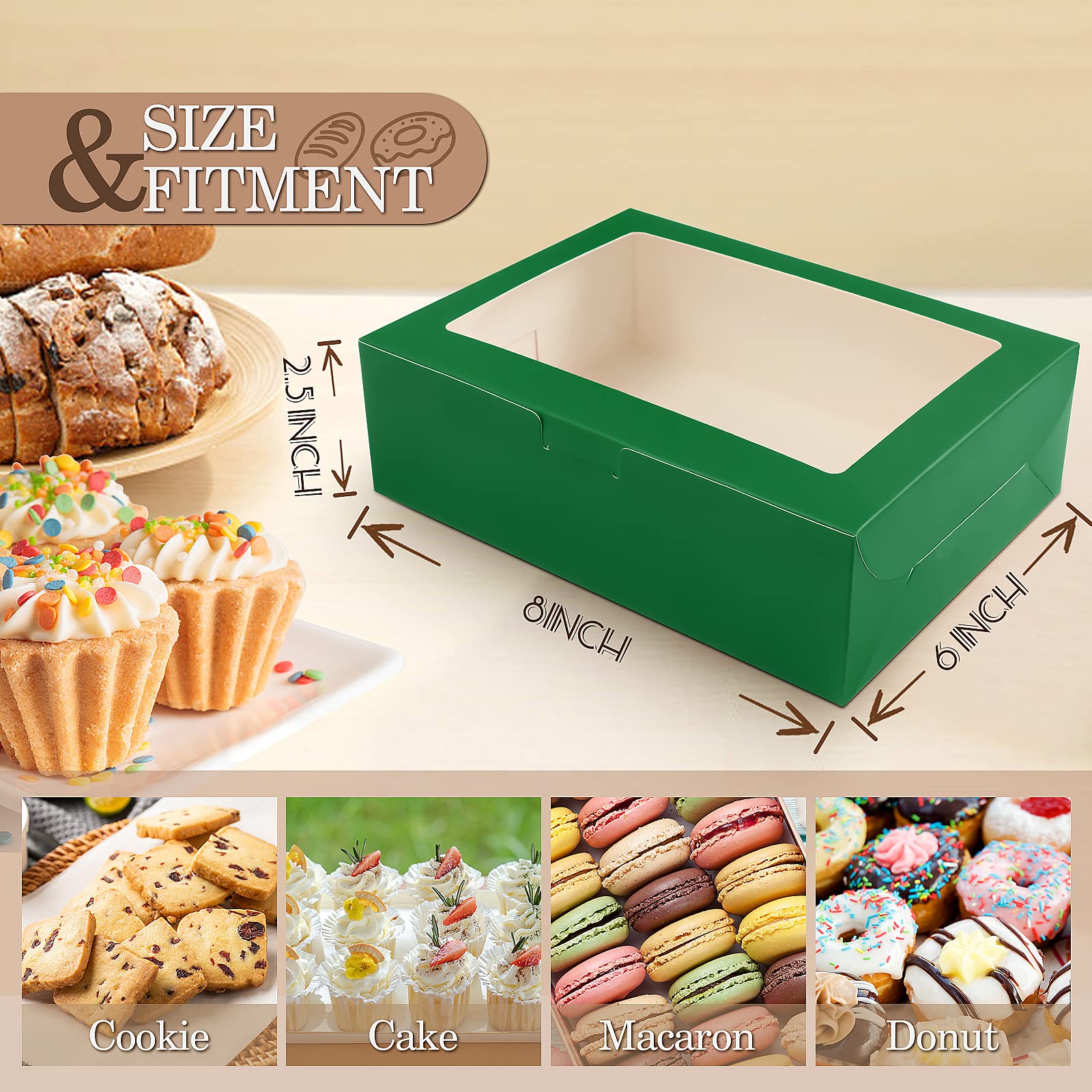KPOSIYA 65 cajas de galletas de 8 x 6 x 2.5 pulgadas con ventana, cajas de panadería verdes para regalo, golosinas, postres, cupcakes, chocolate, fresas, donas, magdalenas (5 ventanas de estilo)