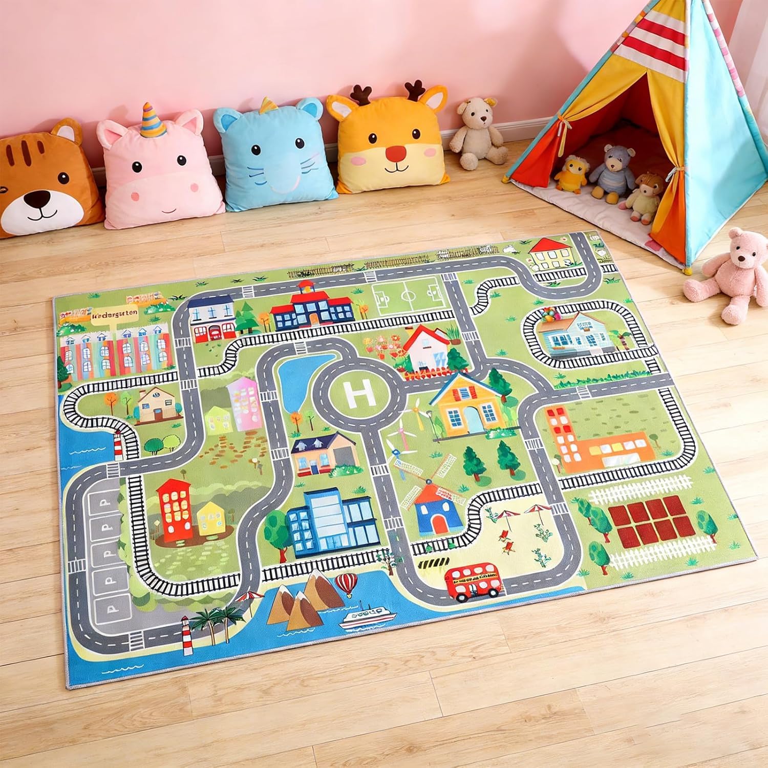 ZJT Autoteppich Spielteppich Straße, Autoteppich für Kinder, 120x160 cm rutschfest Teppich für Jungen & Mädchen, Schlafzimmer Spielzimme Klassenzimme (A)
