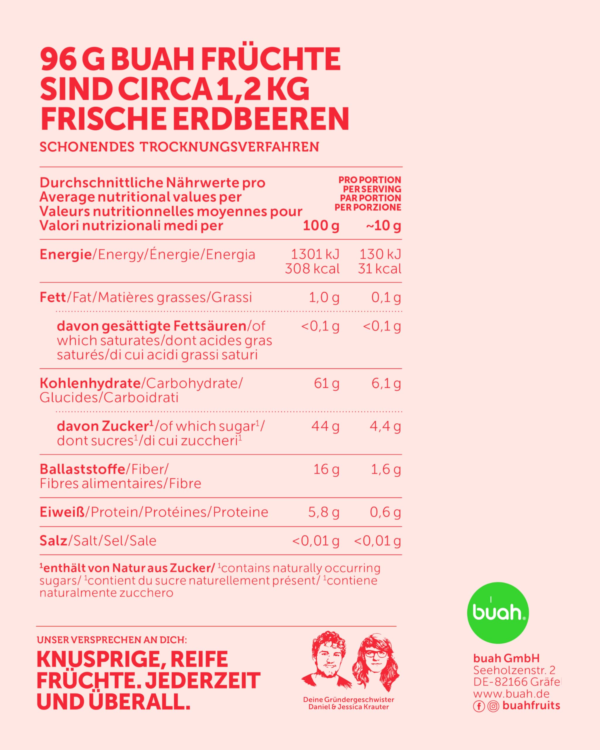BUAH® Gefriergetrocknete Erdbeeren | Erdbeer Chips Als Snack Oder Für Smoothies | Idealer Süßigkeiten Ersatz | Vegan & ohne Zuckerzusatz | 96g