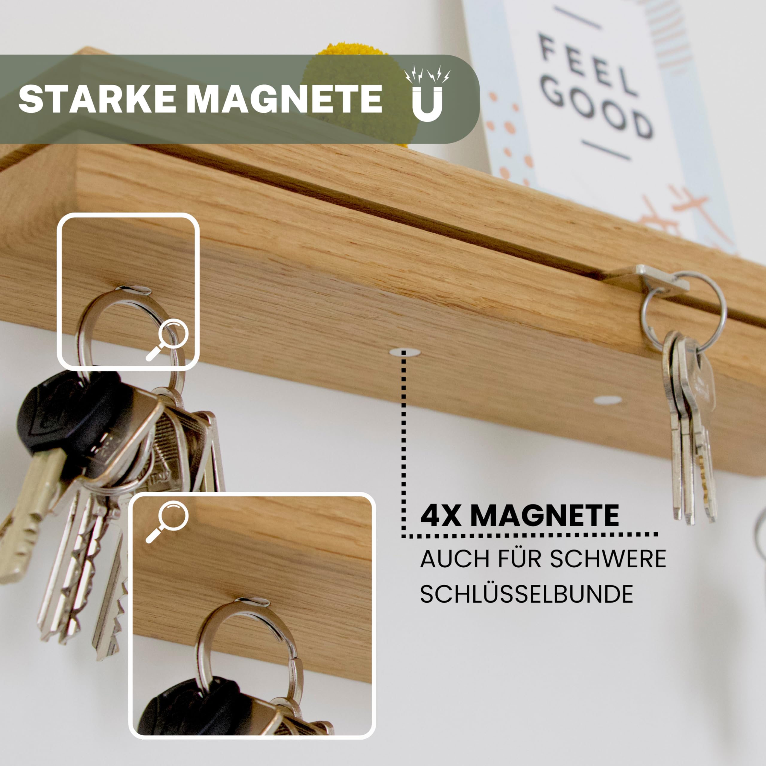 Astrein® | Schlüsselbrett Eiche | Magnetischer Schlüsselhalter aus Massivholz mit Ablage | Wandmontage | Starkes Magnetboard für Schlüssel & Karten – 30 cm