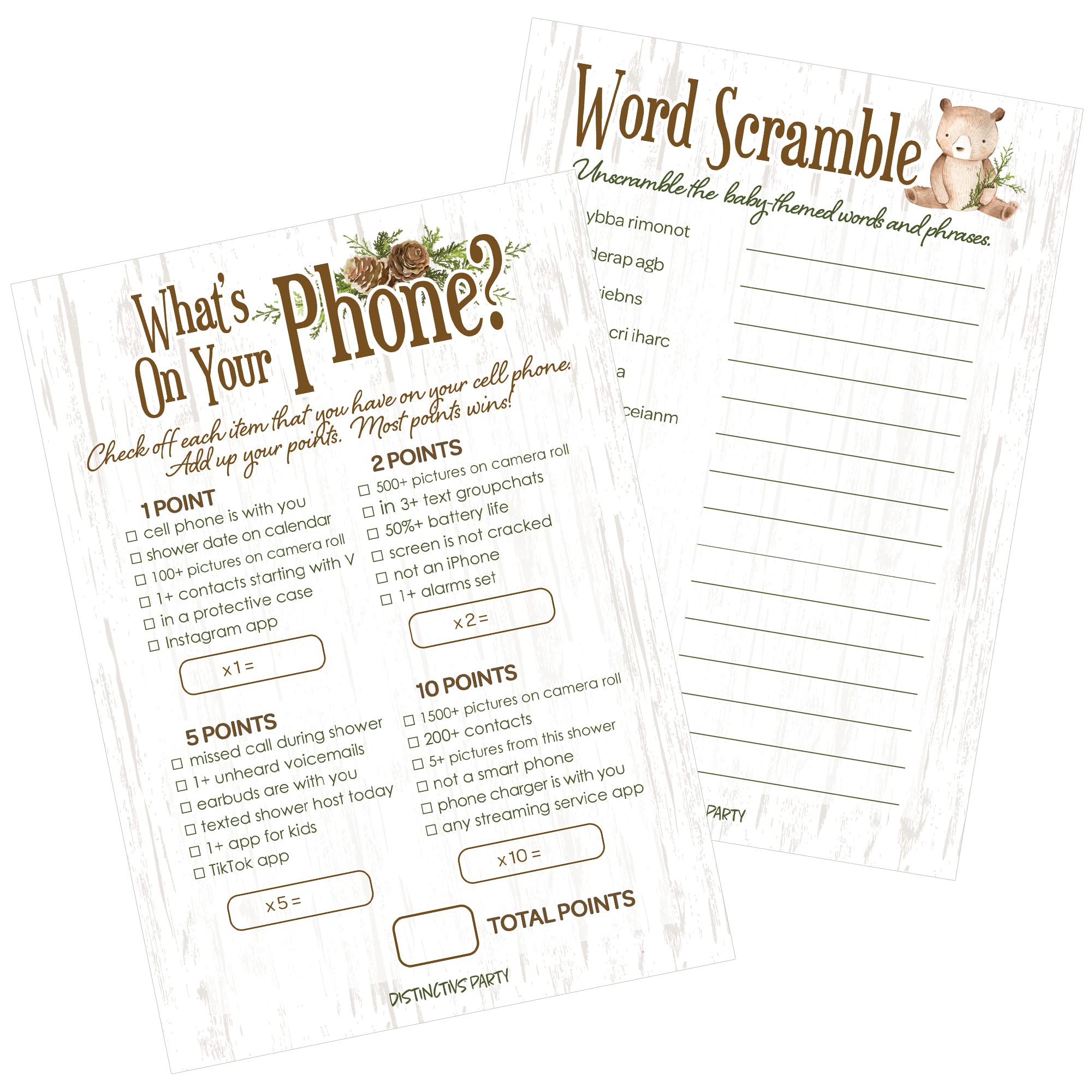 DISTINCTIVS Woodland Teddy Bear Baby Shower Games - What's On Your Phone and Word Scramble (2 Game Bundle) - 20 Dual Sided Cards