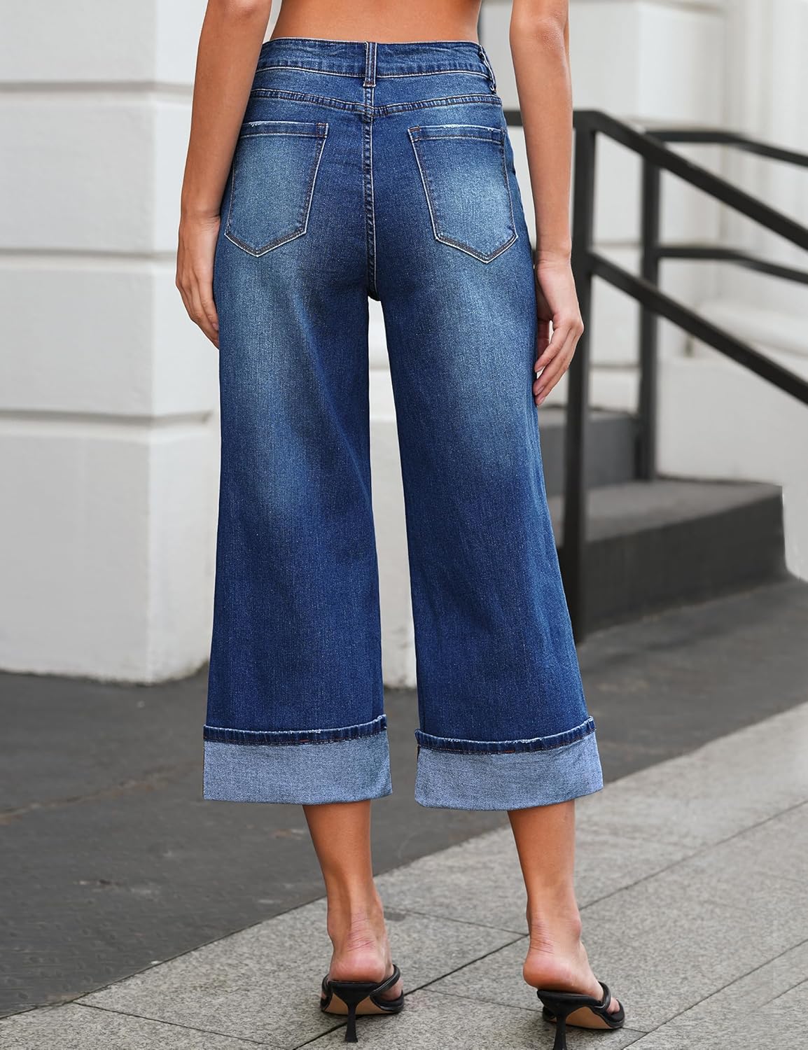 Vetinee Capris Jeans for Women Wide Leg High Waisted Trendy Fold Hem Summer Casual Stretchy Denim Jean Capri Pants - Image 2