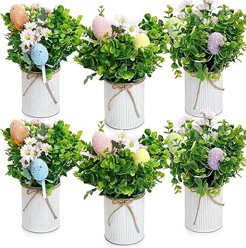 Miniatura 10 de Centros de mesa de flores, juego de 6 arreglos florales, hortensias artificiales de boda, arreglo floral con jarrón de metal rústico para decoración