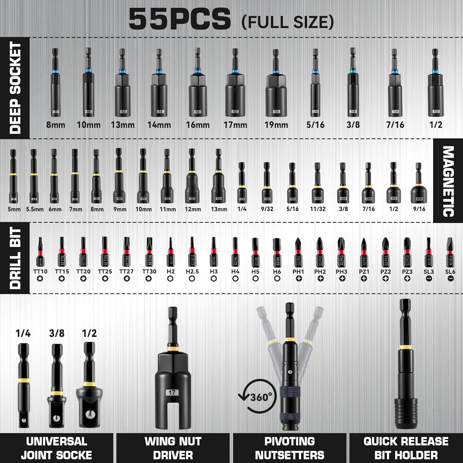 KOOPOOL 55 Pieces Magnetic Impact Nut Driver Set, Impact Driver Bit Set, Magnetic Socket Set for Impact Driver & Wrench, with Socket Adapters, Wing Nut Driver, Quick Release Extension, Storage Case
