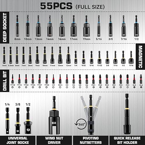 Juego de destornilladores de tuercas magnéticas de impacto, 55 piezas, juego de destornilladores de tuerca magnética profunda, adaptadores de Gris