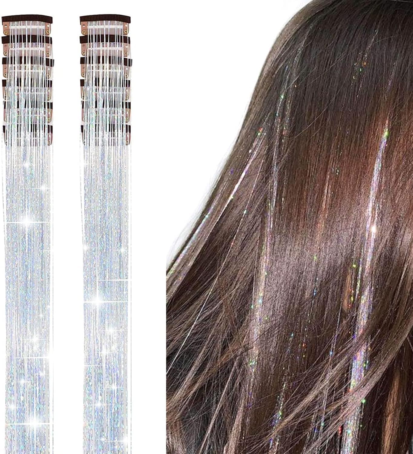 12Pcs Hair Tinsel Clip in 19.6Inch Glitter Tinsel Hair Extensions Clip in Hair Tinsel Kit Heat Resistant Shiny Sparkle Fairy Hair Accessories for Women Girls Kids (Silver)