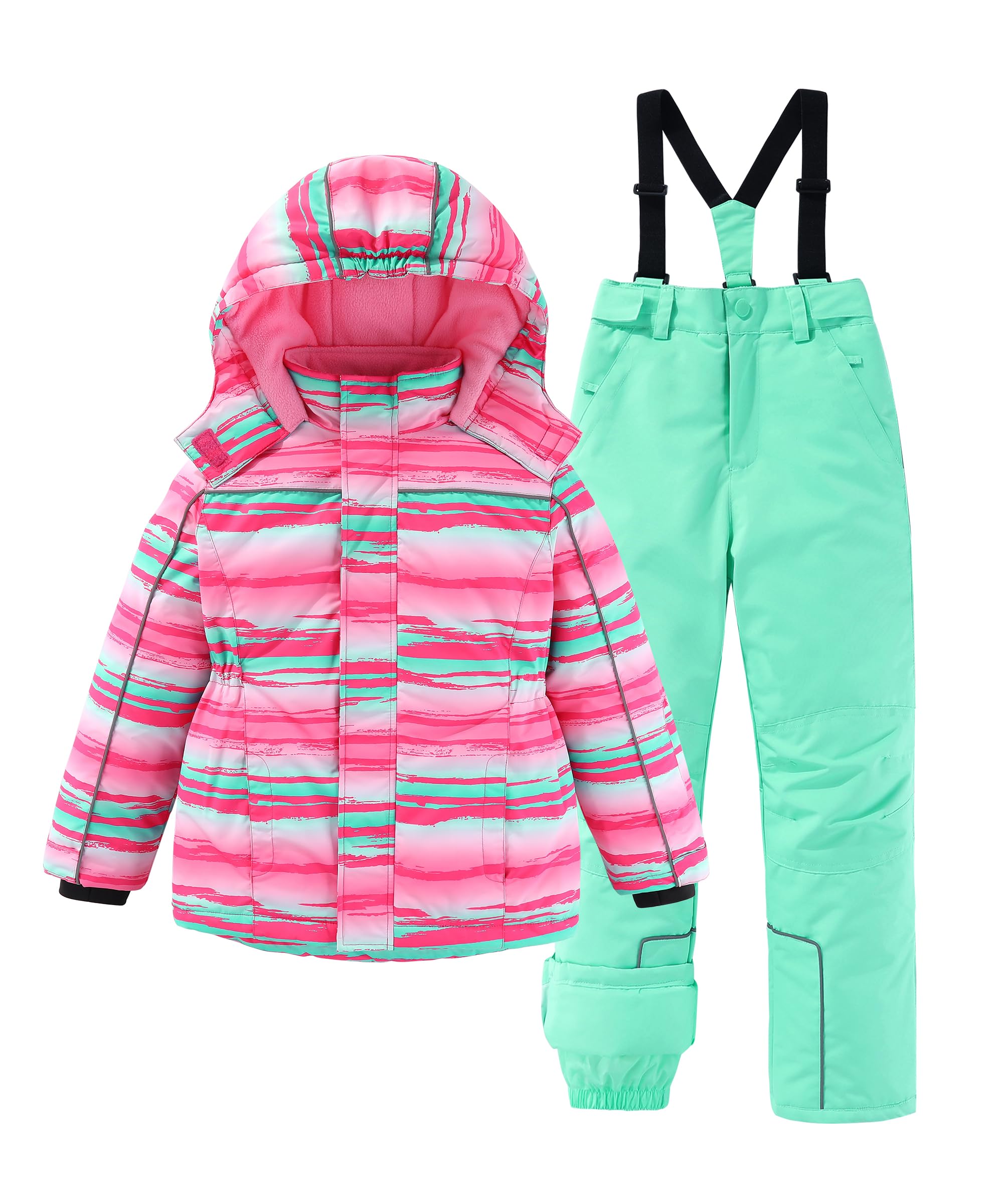 M2C Girls Thicken Warm Hooded Striped Ski Snowsuit Jacket & Pants