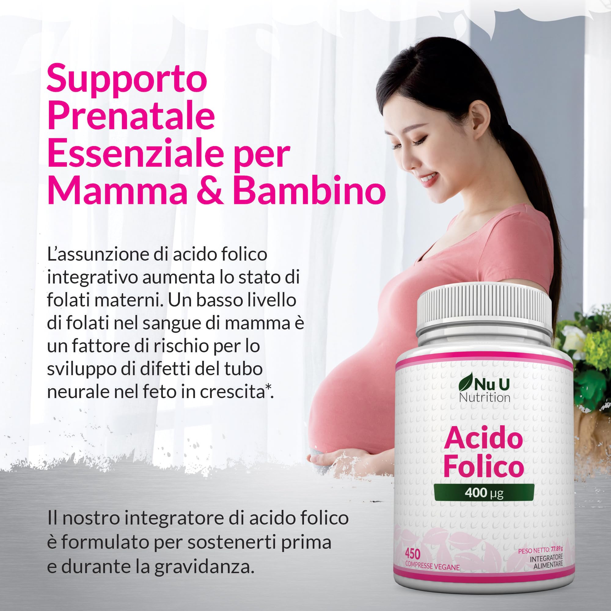 Acido Folico 400 µg - 450 Micro Compresse Vegane - Scorta 15 Mesi - Vitamina B9 Folato per Donne in Gravidanza - Integratore Prenatale - Prodotto in Europa - Nu U Nutrition