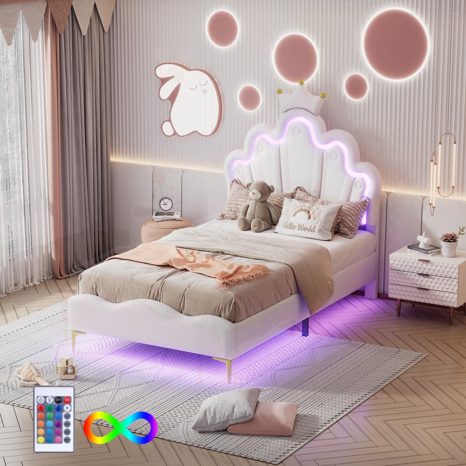 Lettino imbottito per bambini, 90 x 200 cm, con testa a LED e testiera regolabile, a forma di corona, letto singolo, per ragazzi, con rete a doghe (bianco D, 90 x 200 cm)