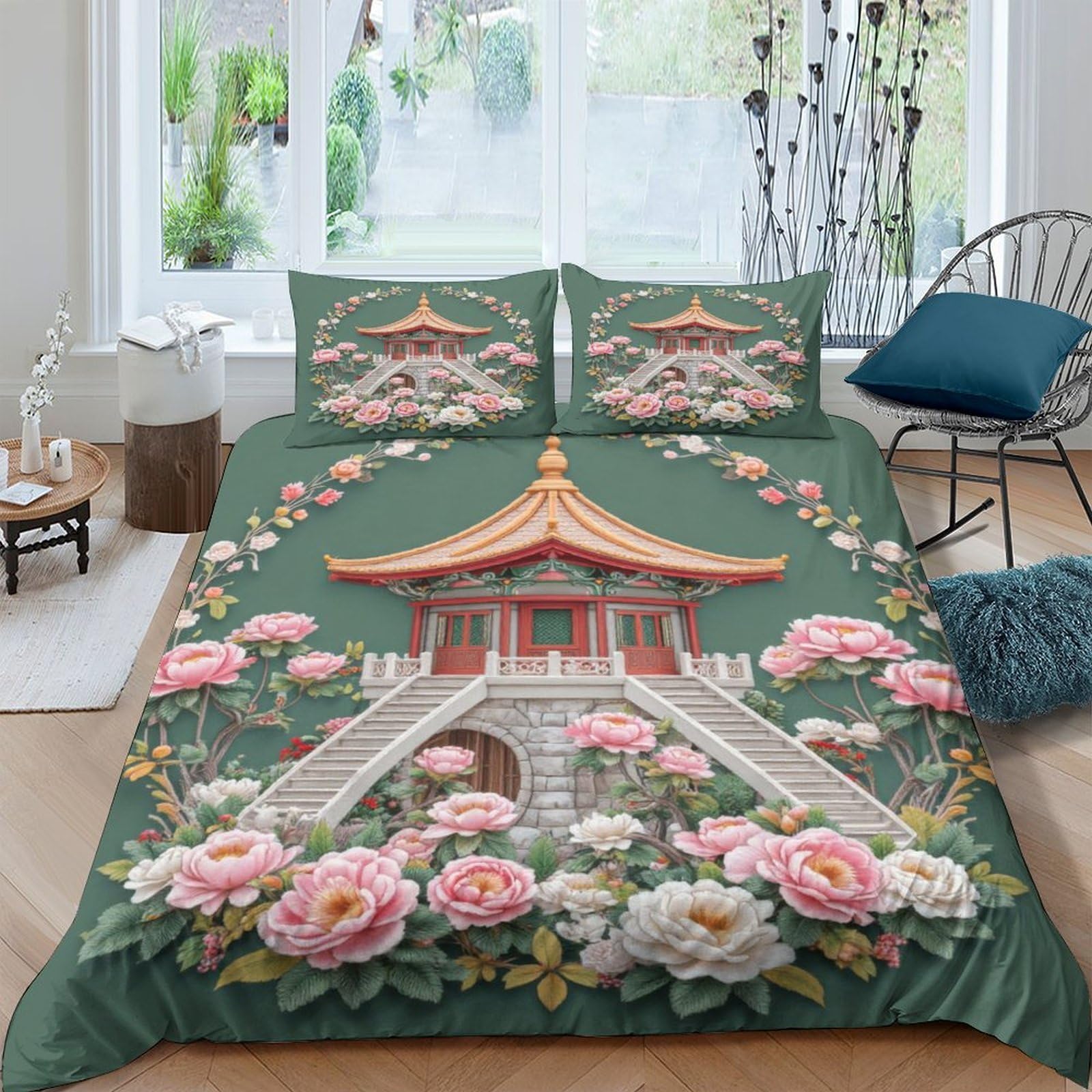 Ctjqhvkz Style-4 3D Printed Oriental Pagoda Fitted Sheet Microfiber Floral Peony Bed Cover Green Bedroom Decor Mattress Protection Single（135X200cm）