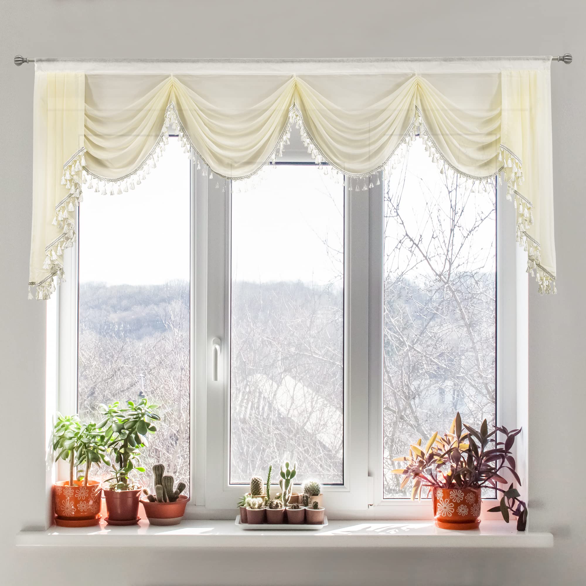 OYRING Off-white Sheer Window Curtains Valance for Living Room Waterfall Swag Valance for Bedroom Rod Pocket Topper Curtains (1 Panel - Image 2