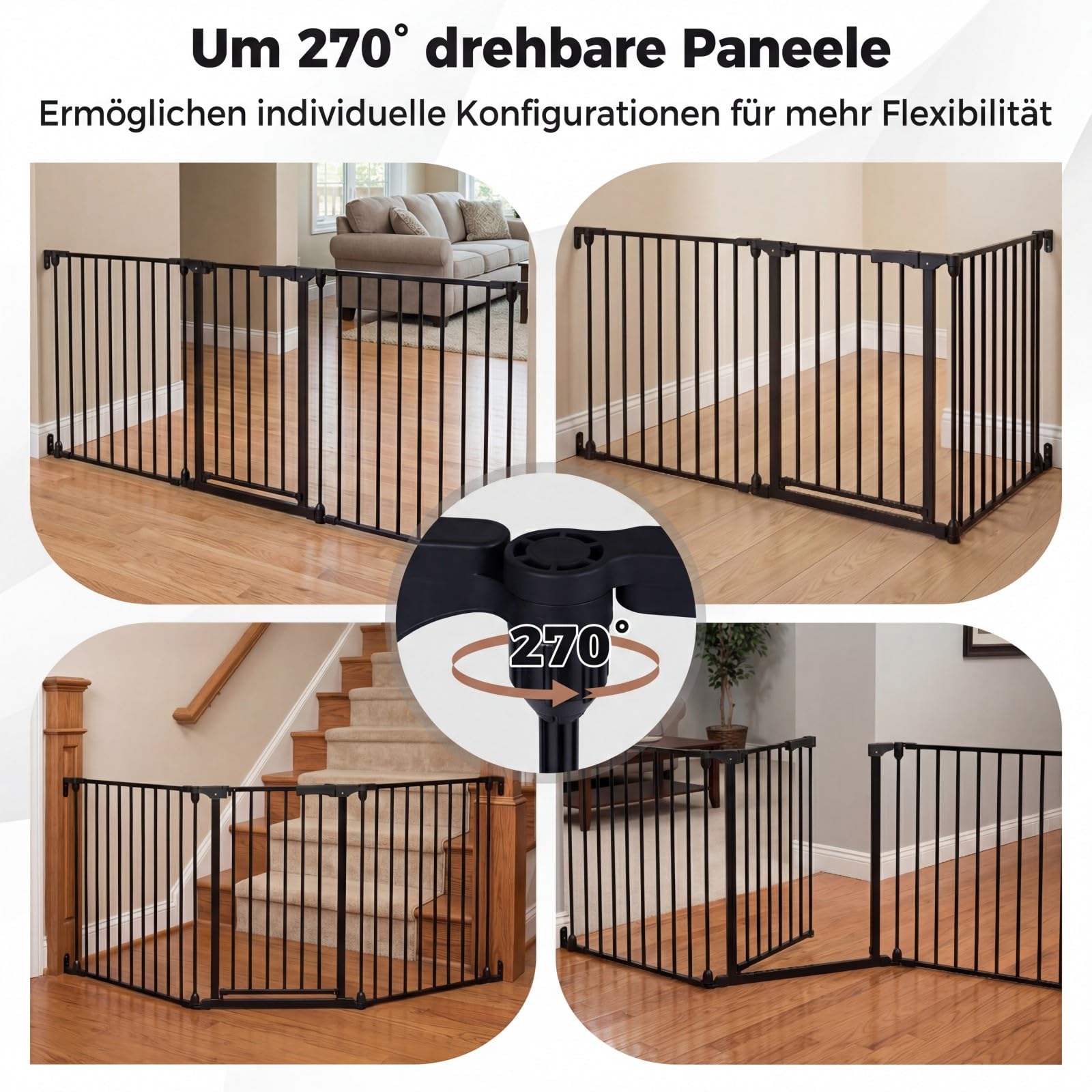COSTWAY Treppenschutzgitter, 3-teilige Türschutzgitter 74,5–198 cm, Türgitter 270°drehbar aus Metall, Babygitter 180°Zweiwegeöffnung, Hundegitter für Kinder Sicherung & Haustier (Schwarz)