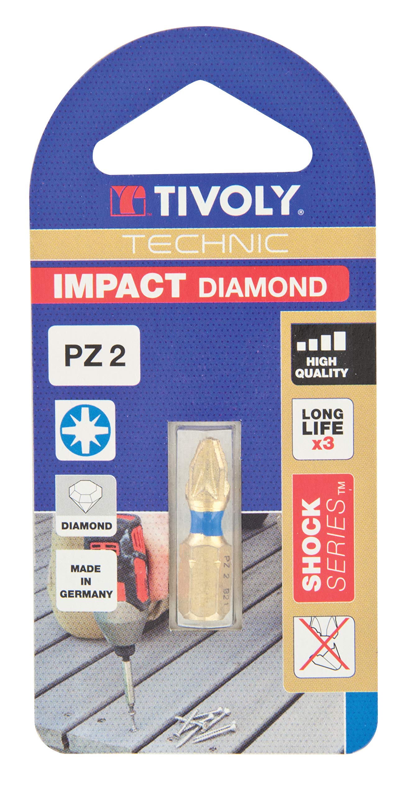 TIVOLY 11523220200 Diamond Impact Torsion Screw Bit for Pozidriv Screws Pz2 Screwdriver