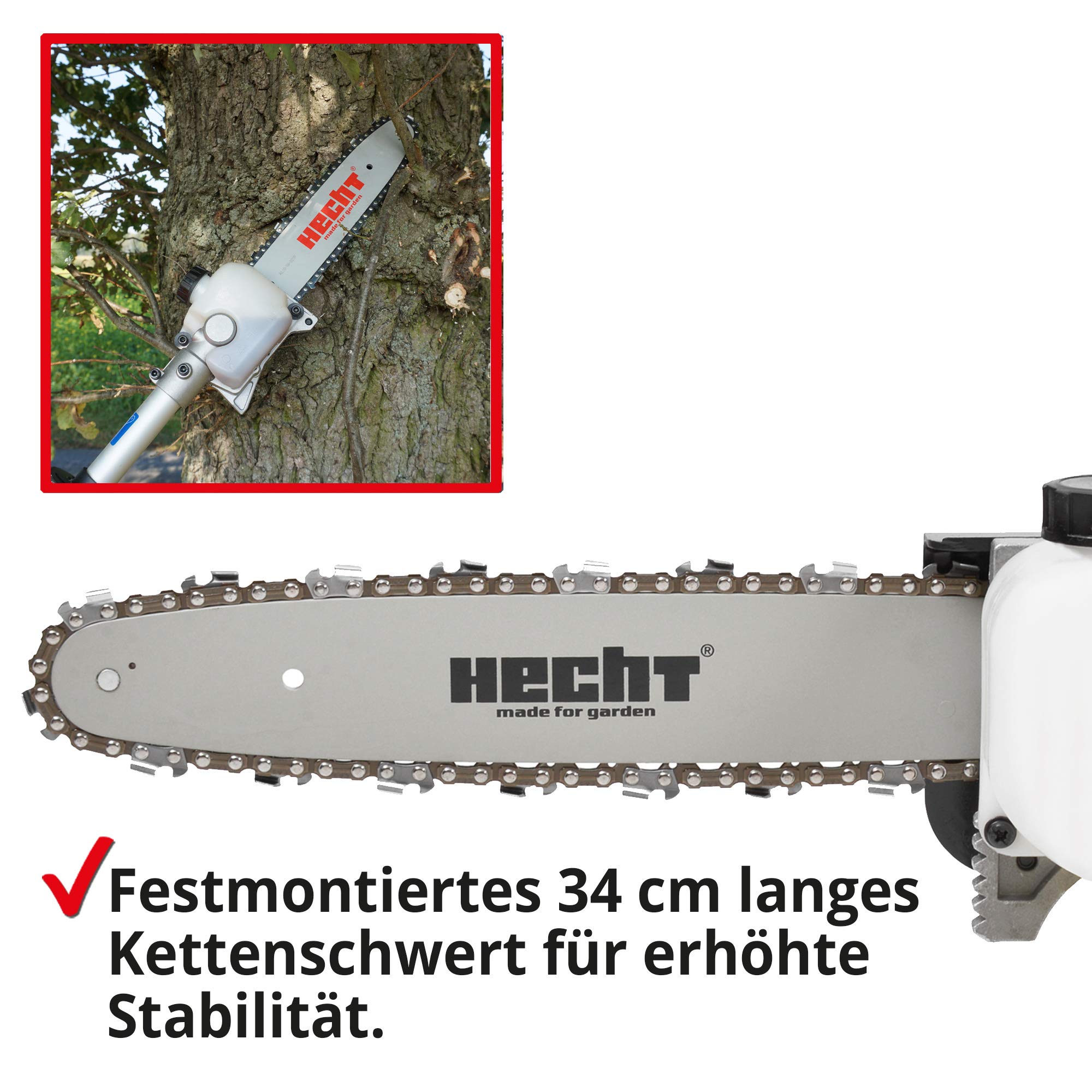 HECHT Benzin Hochentaster Teleskopsäge Motorsäge mit 26 ccm Hubraum, 34 cm Schwert und Teleskobstange bis zu 4,27 m Verlängerung für kraftvolles sicheres sägen in hohen Baumkronen (Hochentaster Rot)
