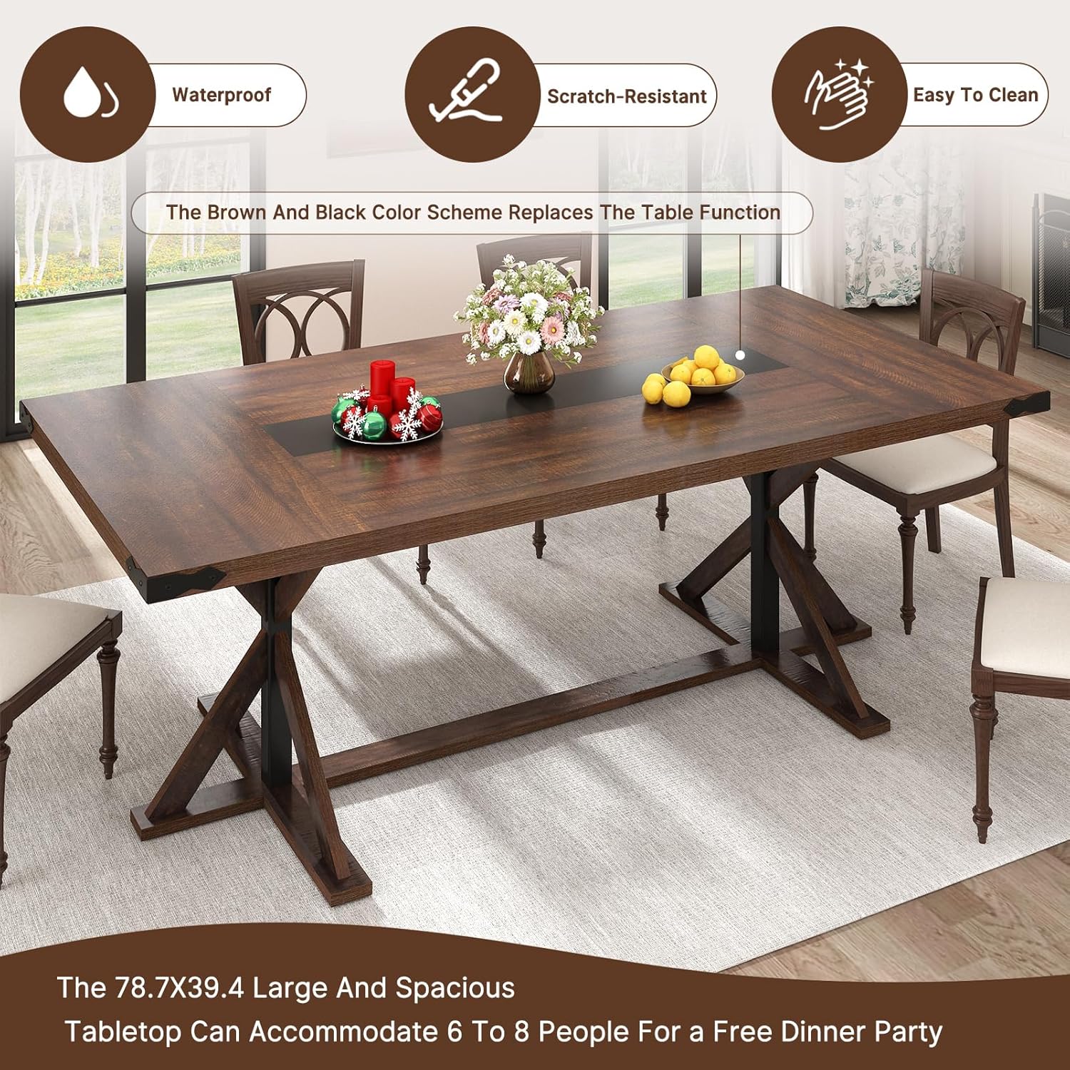 Icons representing waterproof, scratch-resistant, and easy-to-clean features of the table.