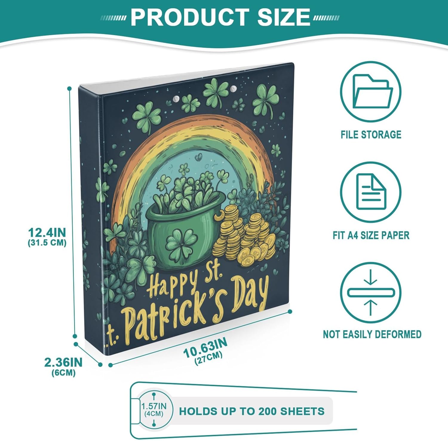 Happy St. Patrick's Day 3 Ring Binders, 1.5” Round Ring Binders with Clipboard - Letter Size, 3 Interior PVC Clear Pockets & Anti-Slip Clip for Office School Supplies, 2PCS