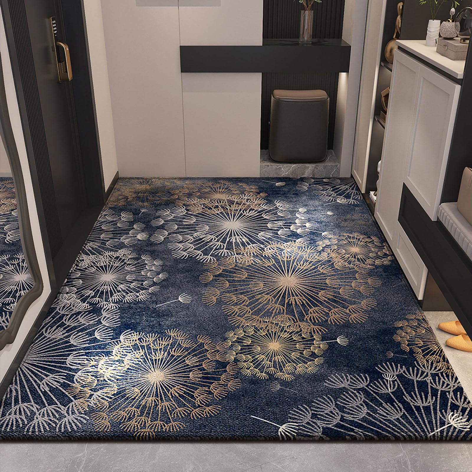 Felpudo Entrada Casa 90x150 Patrón Azul Oro Blanca Felpudo Exterior Antideslizante Lavable Felpudos para Pasillo Cocina Puerta Jardín Decoración Alfombrilla para Entrada