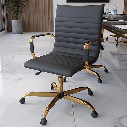 Miniatura 29 de LeisureMod Harris Silla de oficina con almohadilla suave, silla ejecutiva de piel sintética con base de acero dorado, altura ajustable, bloqueo de