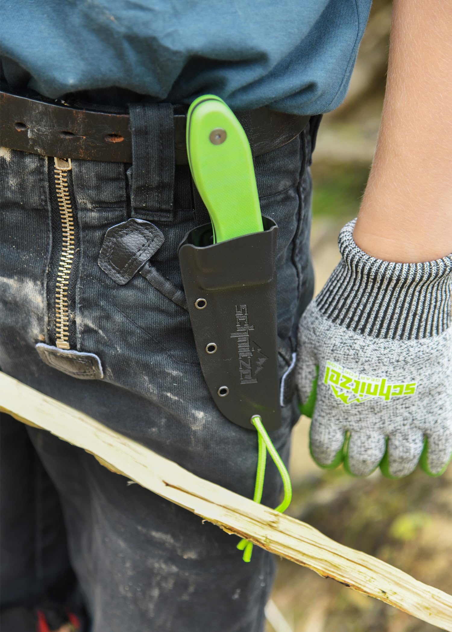 SCHNITZEL UNU, Kindermesser Schnitzmesser und Outdoormesser für Kinder, scharf mit Kydex Scheide und Gürtelhalterung, Grün