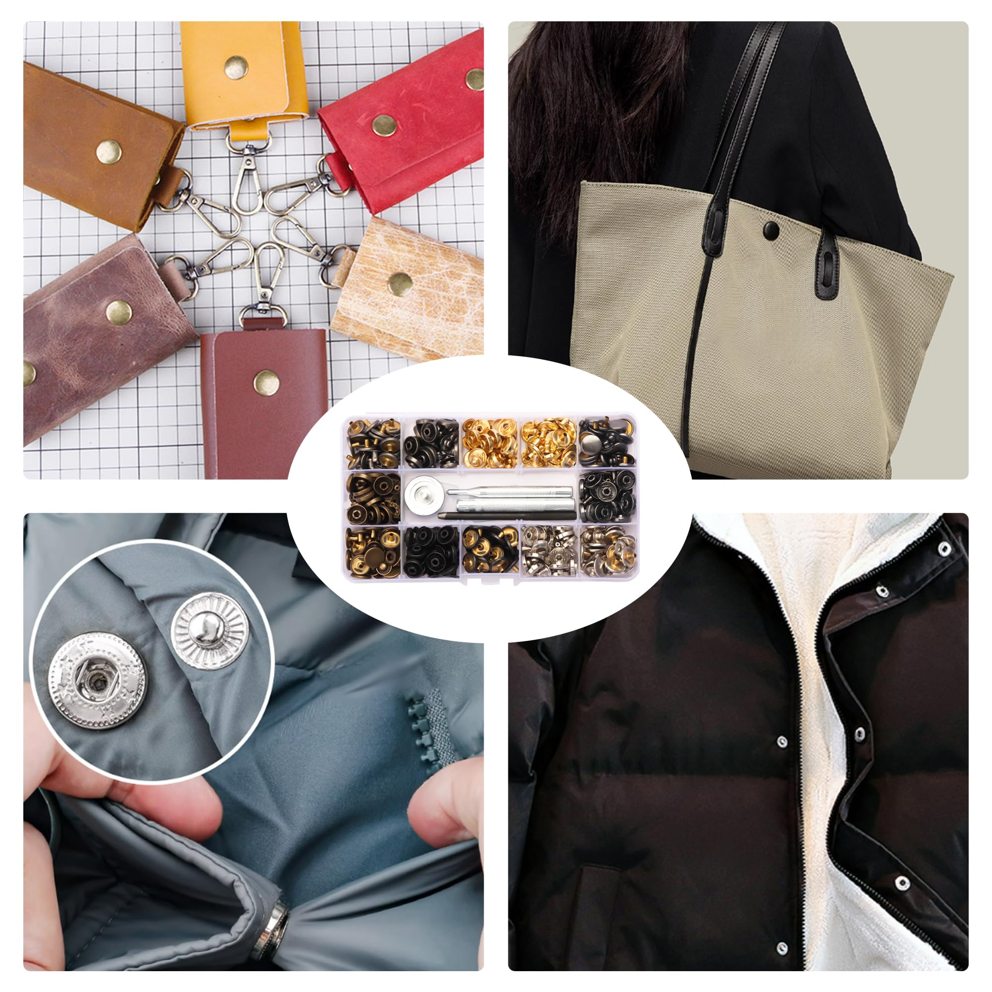 Lynda 120 juegos, kit de cierres a presión para cuero de 12 mm resistentes con 4 herramientas de ajuste. 1 martillo, broches de cuero de 4 colores para ropa, chaquetas.