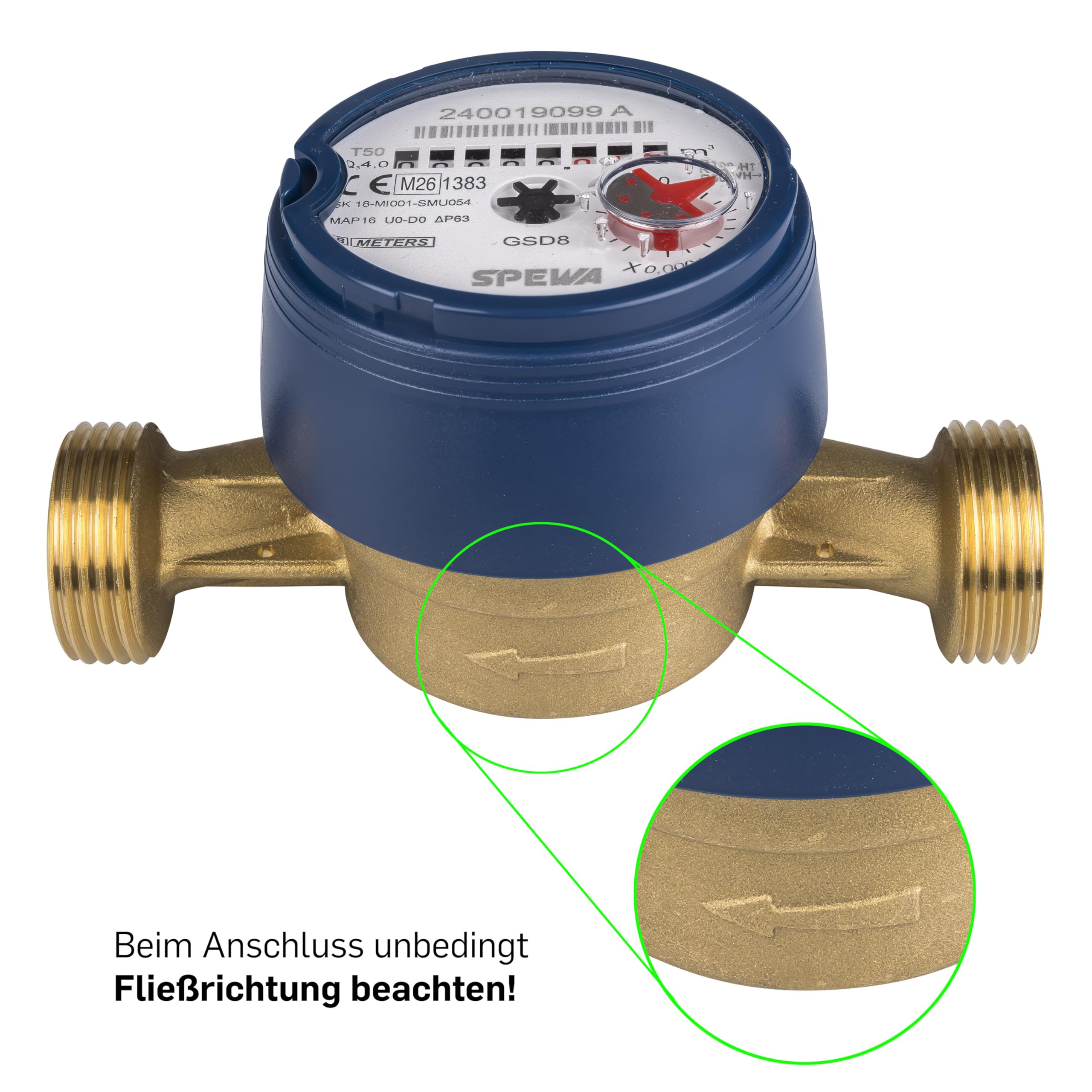 SPEWA Wasserzähler 1 Zoll AG (33 mm) / QN 2,5 Kaltwasser/Bl. 130 mm/Wasseruhr geeicht 2026 / beste Messgenauigkeit Eichung erkennbar in dem Siegel " CE M26 1383" / M26 = 2026