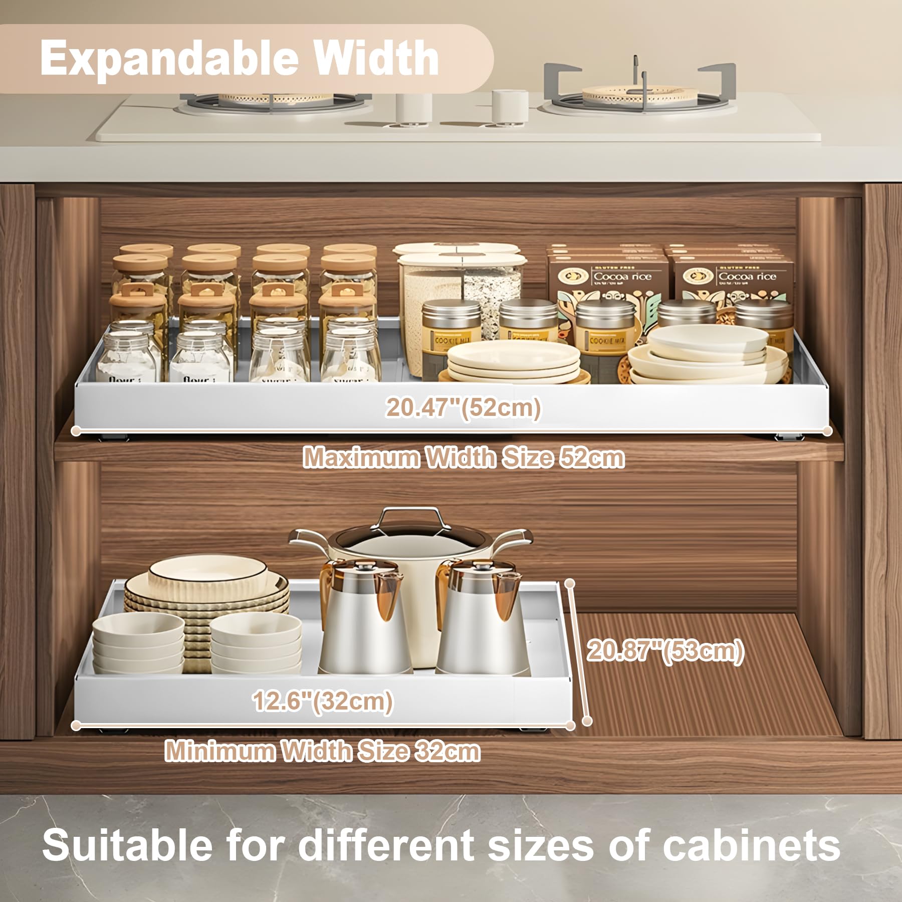2 Pezzi Cassetto Estraibile Cucina, Organizer Cassetti Senza Forature e Chiodi, con Nastro Nano, Cassetto Telescopico da Incollare, Aggiorna 3 Tracce, (32-52 cm L x 53 cm P x 7.5 cm A), Bianco