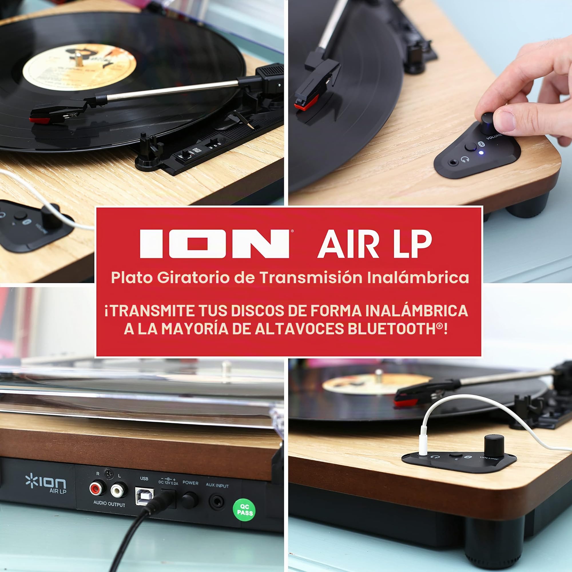 ION Audio Air LP Wood - Tocadiscos de Vinilo Bluetooth - reproducción inalámbrica y conversión de Discos de 3 velocidades - 33 1/3, 45 y 78 RPM, Acabado Madera