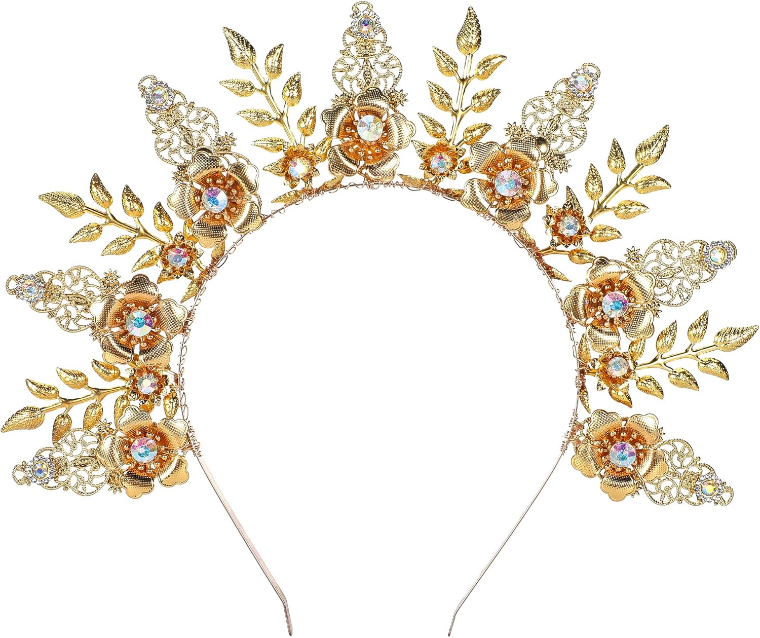 Gold Halo Crown Headpiece - Zip Tie Spiked Sunburst Sun Goddess Headband Greek Queen Liberty Crown for Woman Cosplay Gold Leaves