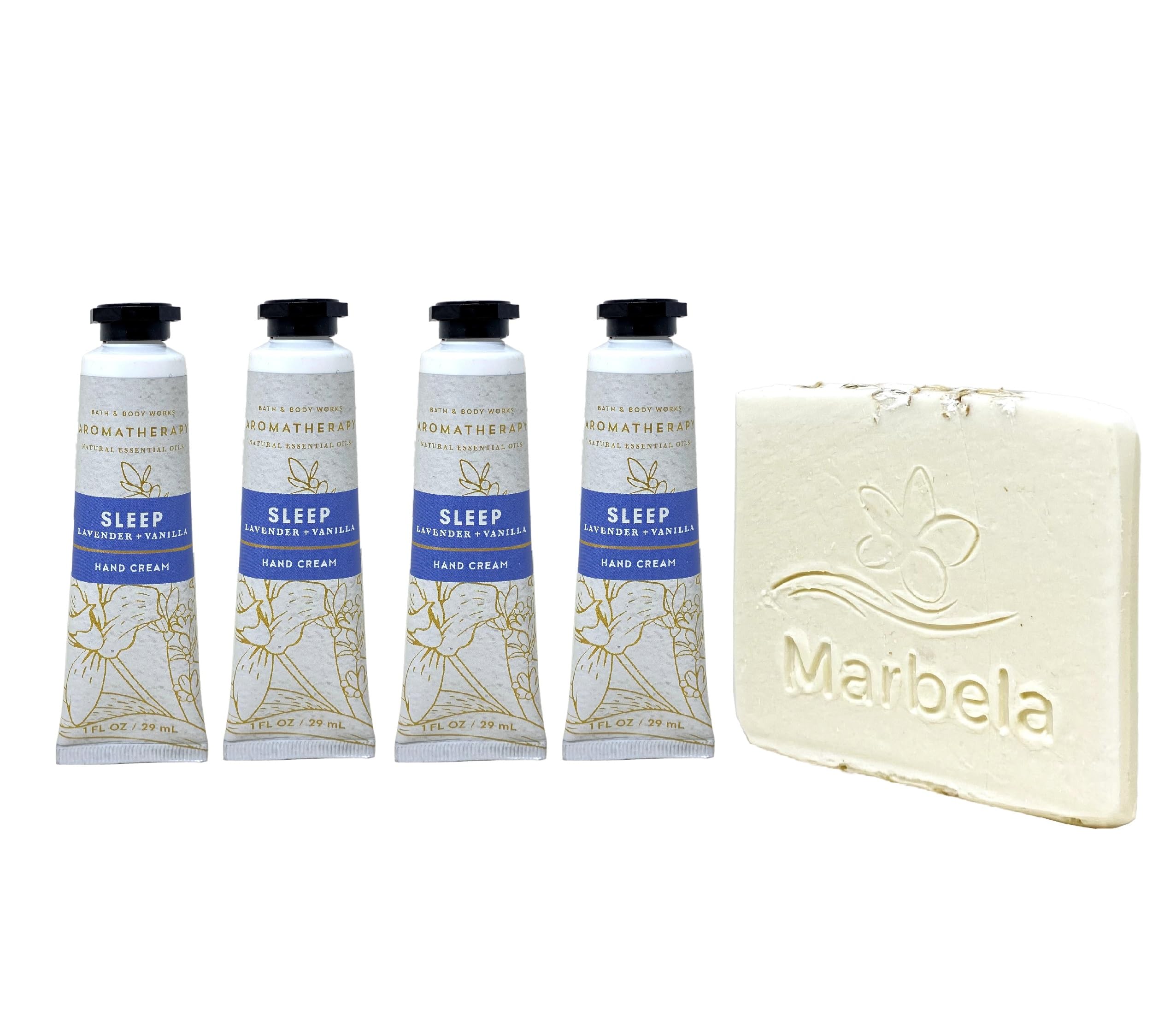 Bath & Body Works Aromatherapy Sleep Lavender + Vanilla 4 Pack Hand Cream Bundle with a Natural Oats Sample Soap