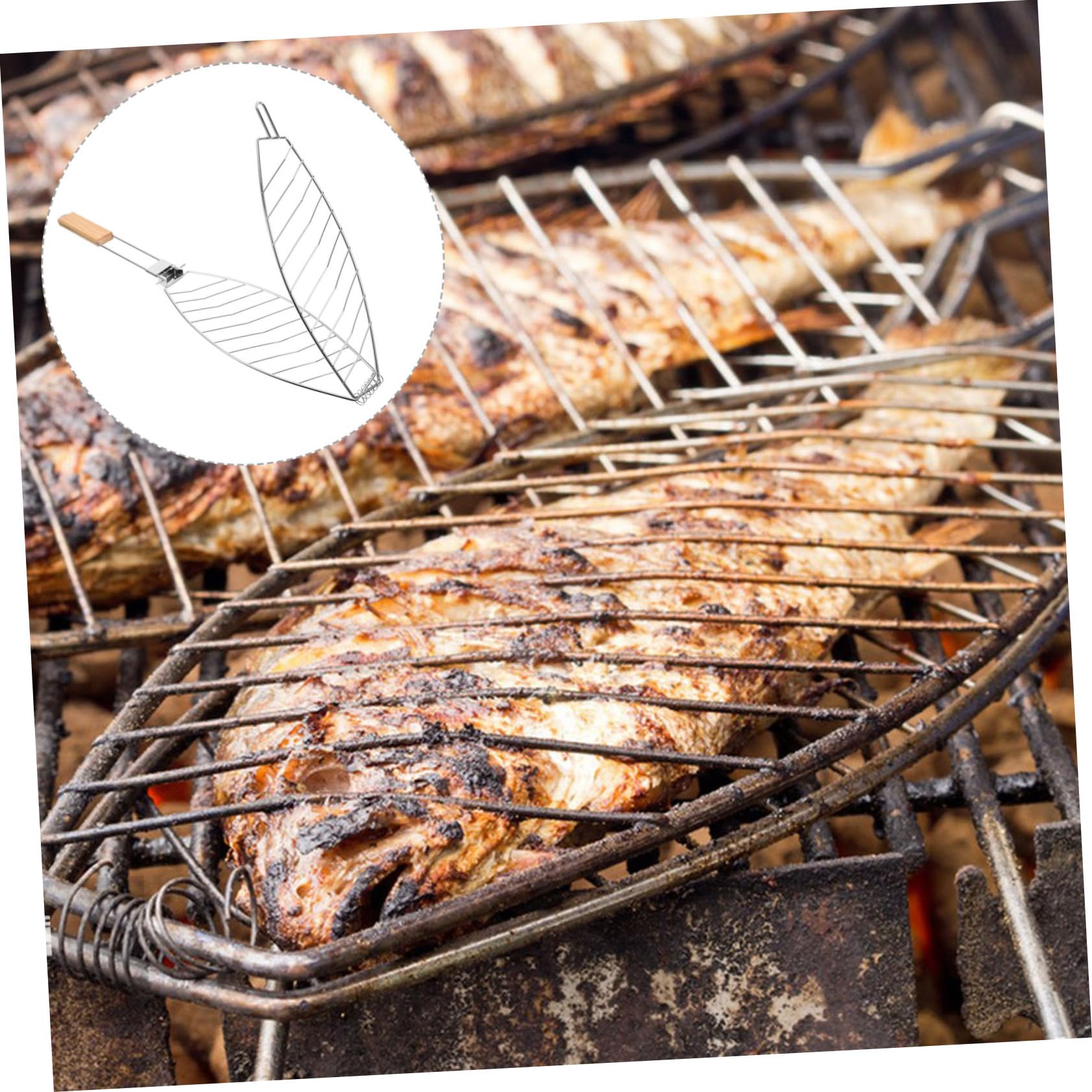 PRETYZOOM 4piezas Cesta Para Pescado Mango De Rejilla Inoxidable Para Barbacoa Herramienta Multiusos Para Grill De Pescado y Verduras Para Camping y Picnics
