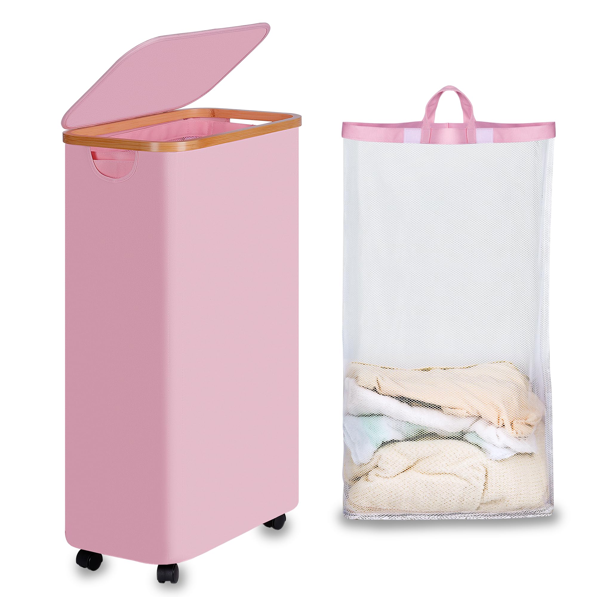 efluky Slim Laundry Basket with Wheels, Narrow Rolling Laundry Hamper with Lid and Removable Bag, Tall Aesthetic Dirty Clothes Hamper on Wheels for Laundry Room, Bedroom, Dorm and Bathroom, 75L Pink