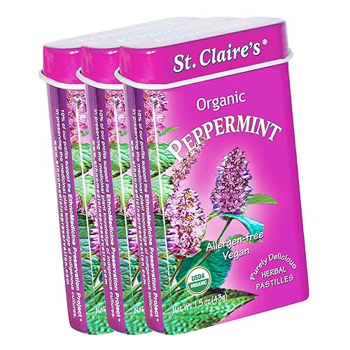 St. Claire's Organic Breath Mints, (Menta, lata de 1.5 onzas, paquete de 3) Sin gluten, vegano, sin OMG, a base de plantas, sin alérgenos,