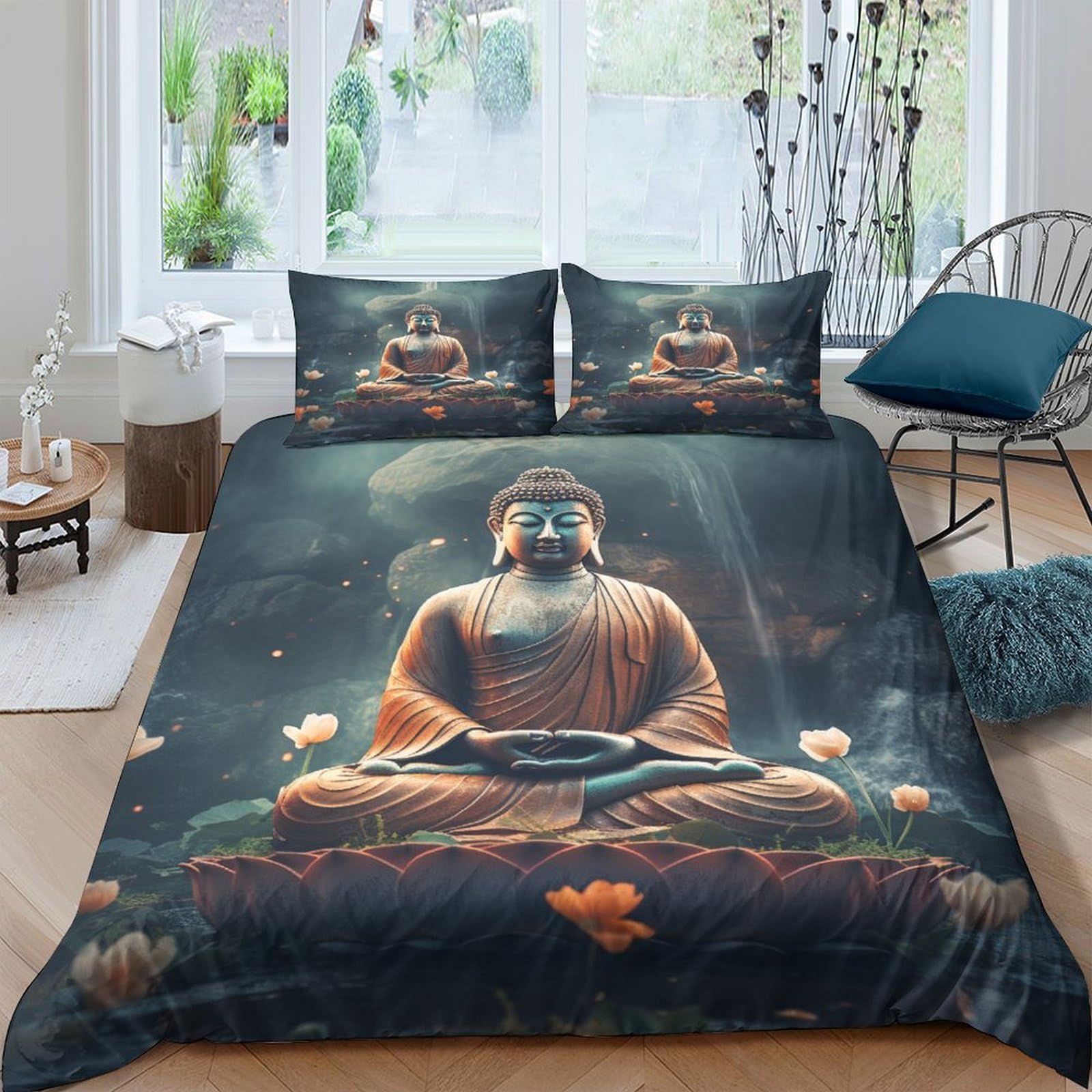 Housse de couette Bouddha avec impression 3D enfumée haute définition et finitions soignées