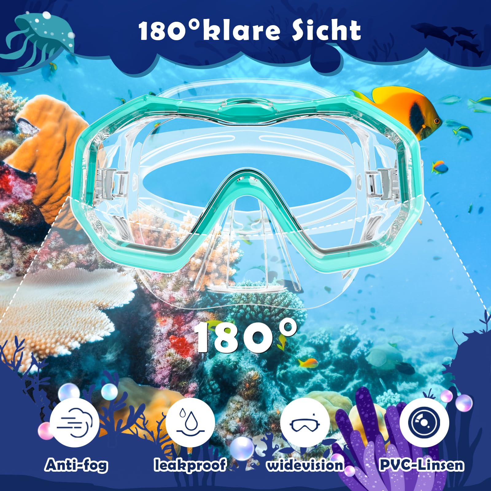 Maschera Subacquea Bambini, Maschera Snorkeling Bambino Con Lenti In PVC, Panoramici A 180°, Con Guarnizione In Silicone, Anti-Perdita e Ppannamento, Occhialini Nuoto Bambini 4-10 Età