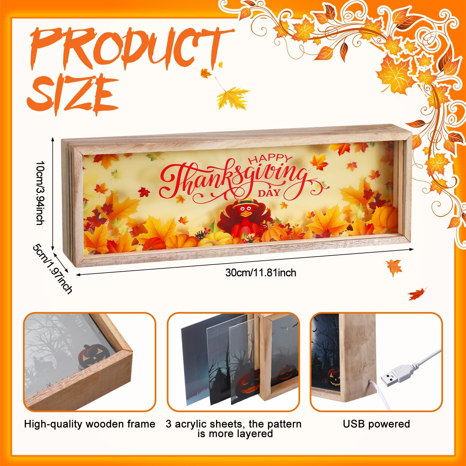 RattanView Thanksgiving Wooden Lighted Table Decorations Fall Autumn Night Light LED Shadow Box for Turkey Desk Decor Indoor Home Decor Creative Happy Thanksgiving Gifts Centerpieces Lamp Lantern