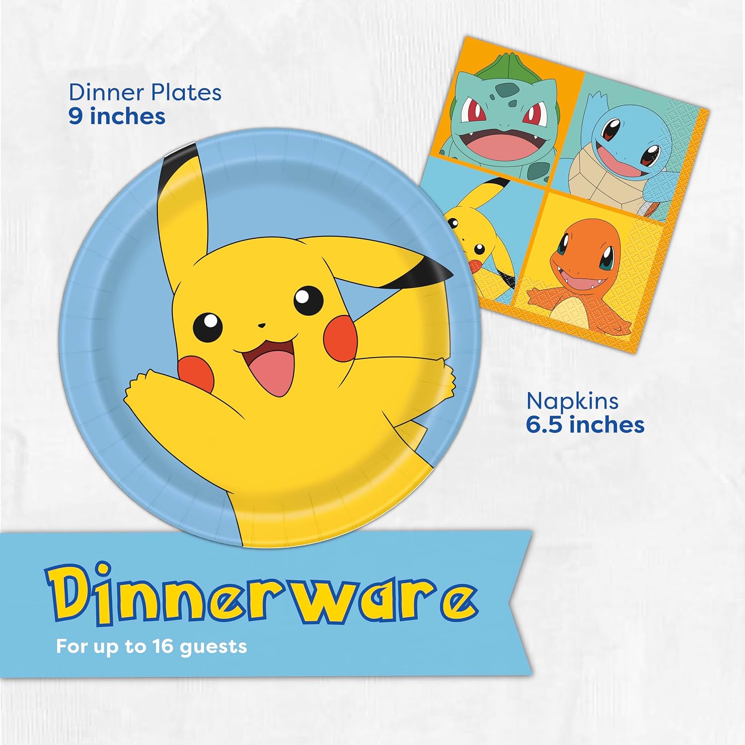 Pokemon Birthday Decorations for Party | Tablecloth, 16 Plates, 16 Napkins | Officially Licensed