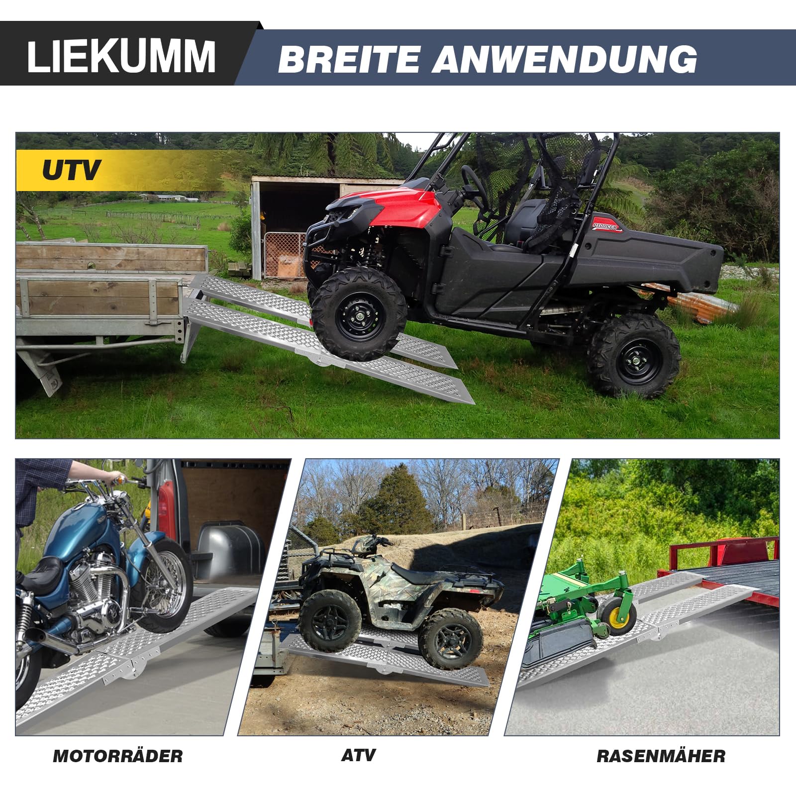 LIEKUMM 2er-Set Auffahrrampen – 440 Kg Tragkraft, Je 151x22,5 Cm | Aus Galvanisiertem Stahl | Für Motorrad, Quad, ATV & PKW
